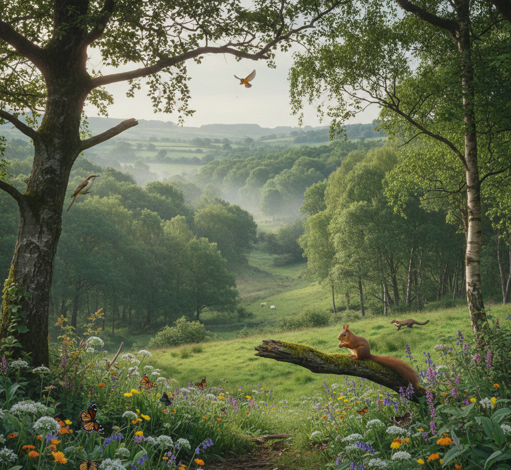 Native Irish woodland with flowering understory, butterflies, birds, and red squirrels, showing biodiversity recovery after woodland restoration.