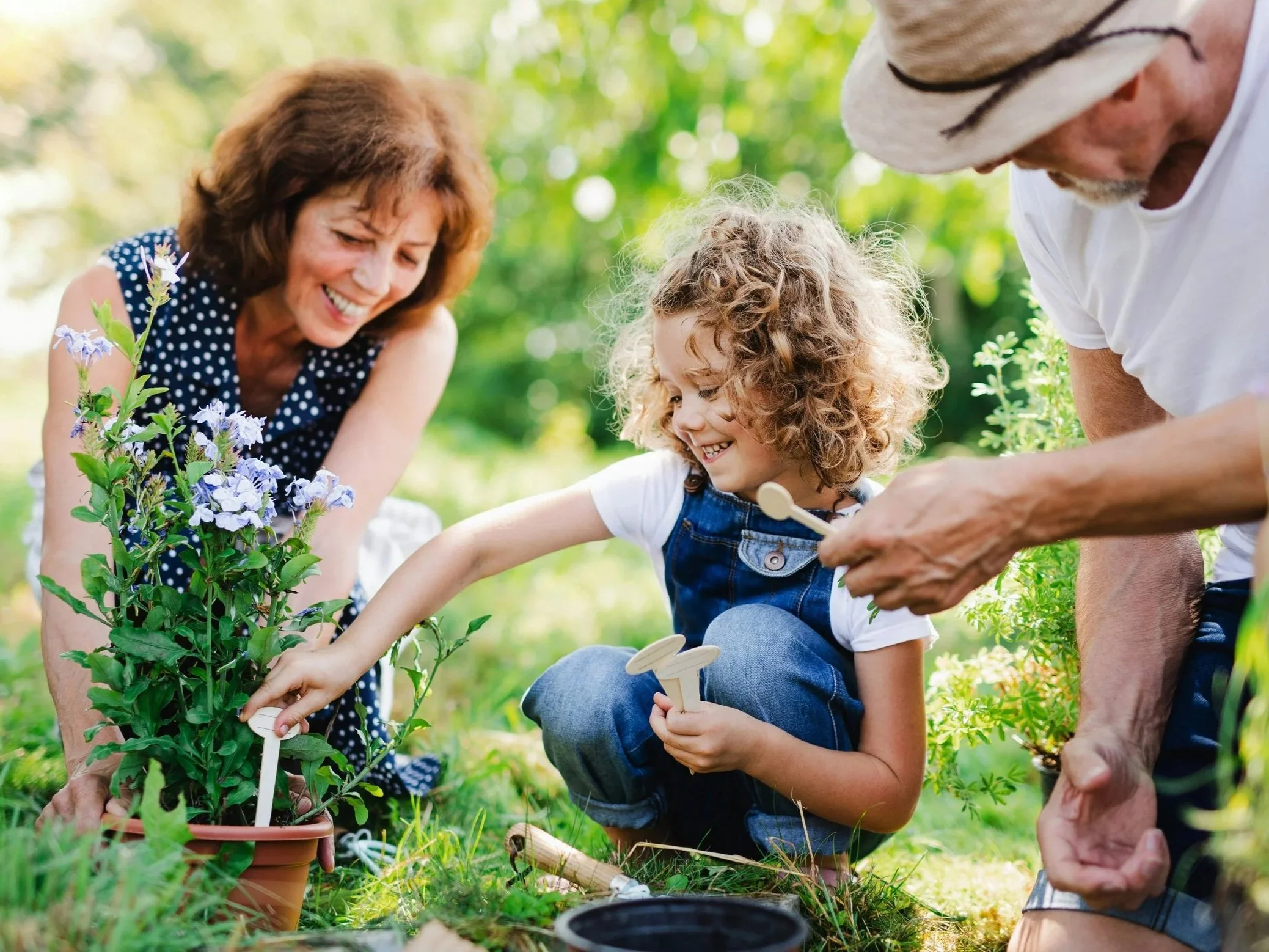 Family gardening together while planting wildflowers in a backyard, showing how rewilding at home can support biodiversity in Irish gardens.