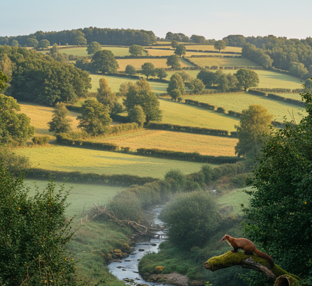 Native woodland corridors and hedgerows linking Irish farmland, with a riparian stream and pine marten habitat in a restored agricultural landscape.
