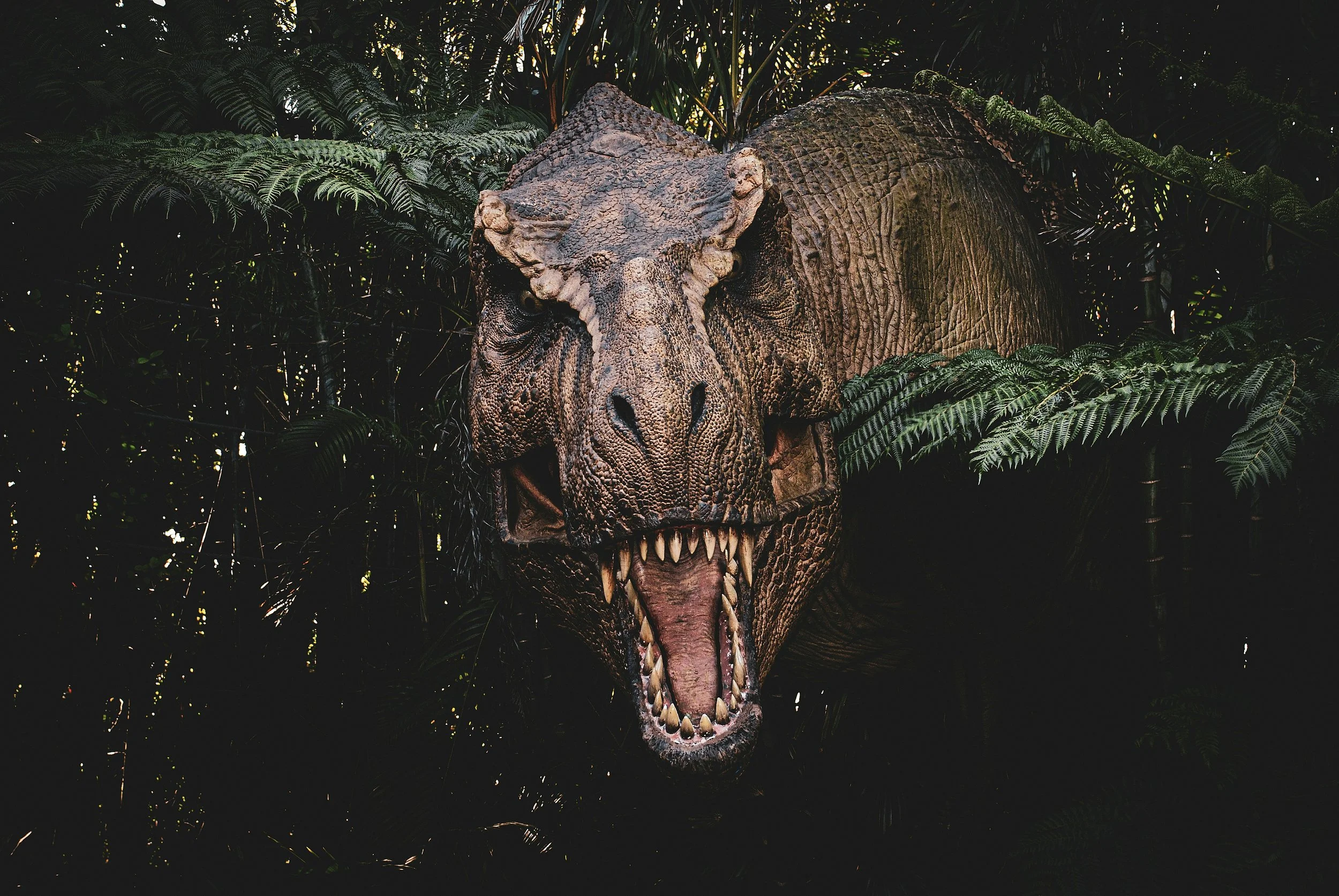 Realistic Tyrannosaurus rex with open jaws and sharp teeth standing in dense prehistoric jungle vegetation.