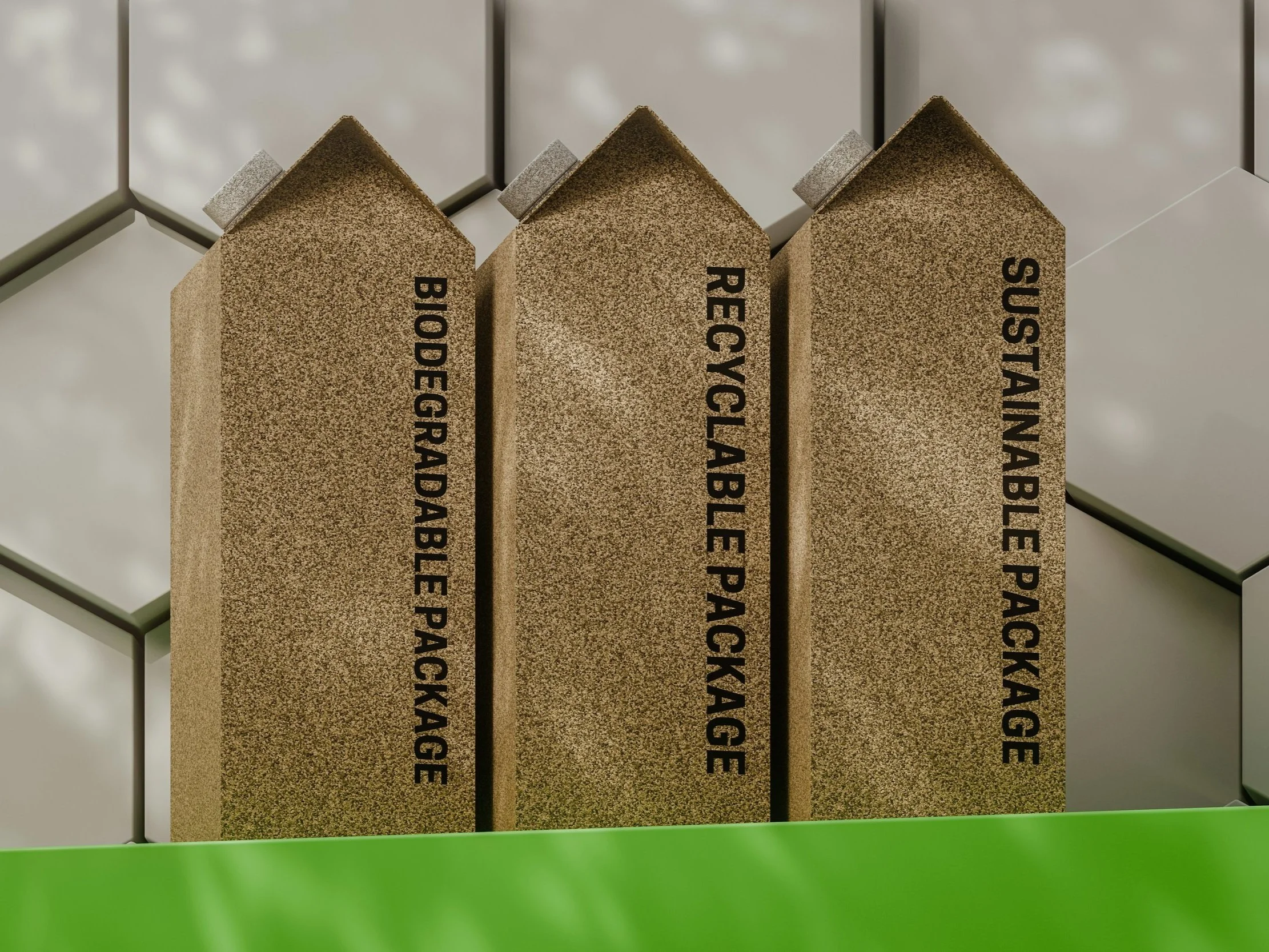 Biodegradable, recyclable, and sustainable package labels showcasing eco-friendly claims in modern packaging design.