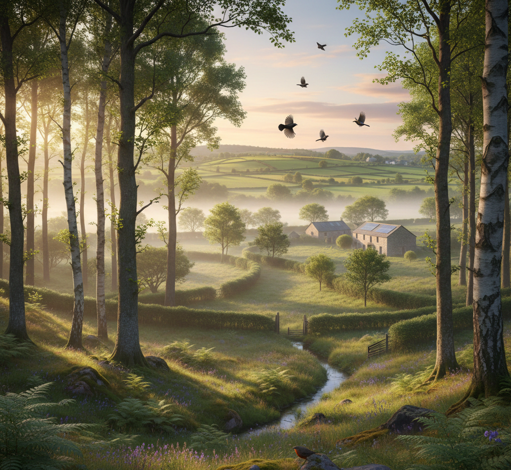 Native woodland and farmland in Ireland in 2050, with birds flying above trees and a shaded stream flowing through hedgerows at sunrise.