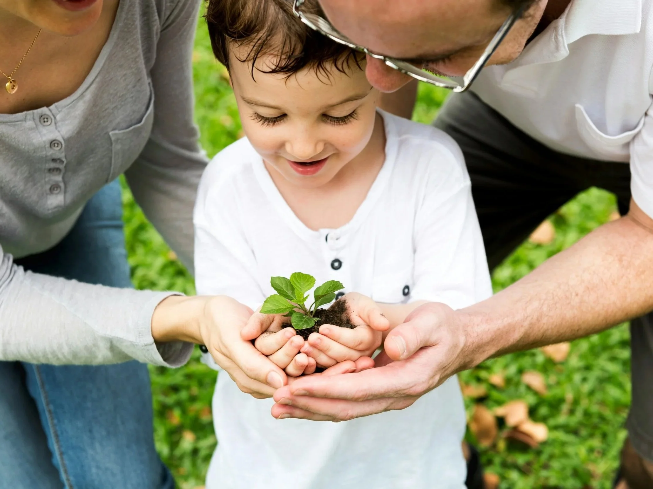 Parents and child holding a young tree sapling together, representing how to care for newly planted trees in Irish gardens.