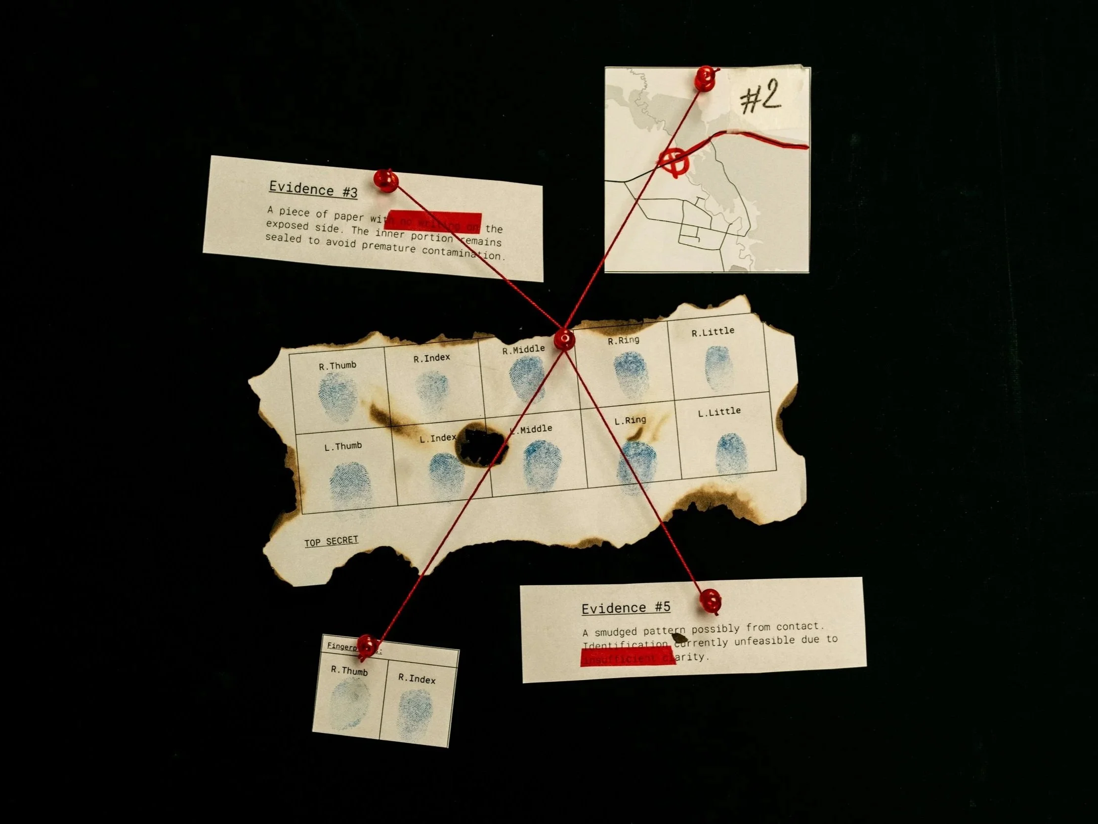 Forensic evidence board with burned fingerprint records, pinned notes, and red string linking fragmented maps, representing the disappearance of Percy Fawcett in the Amazon rainforest.