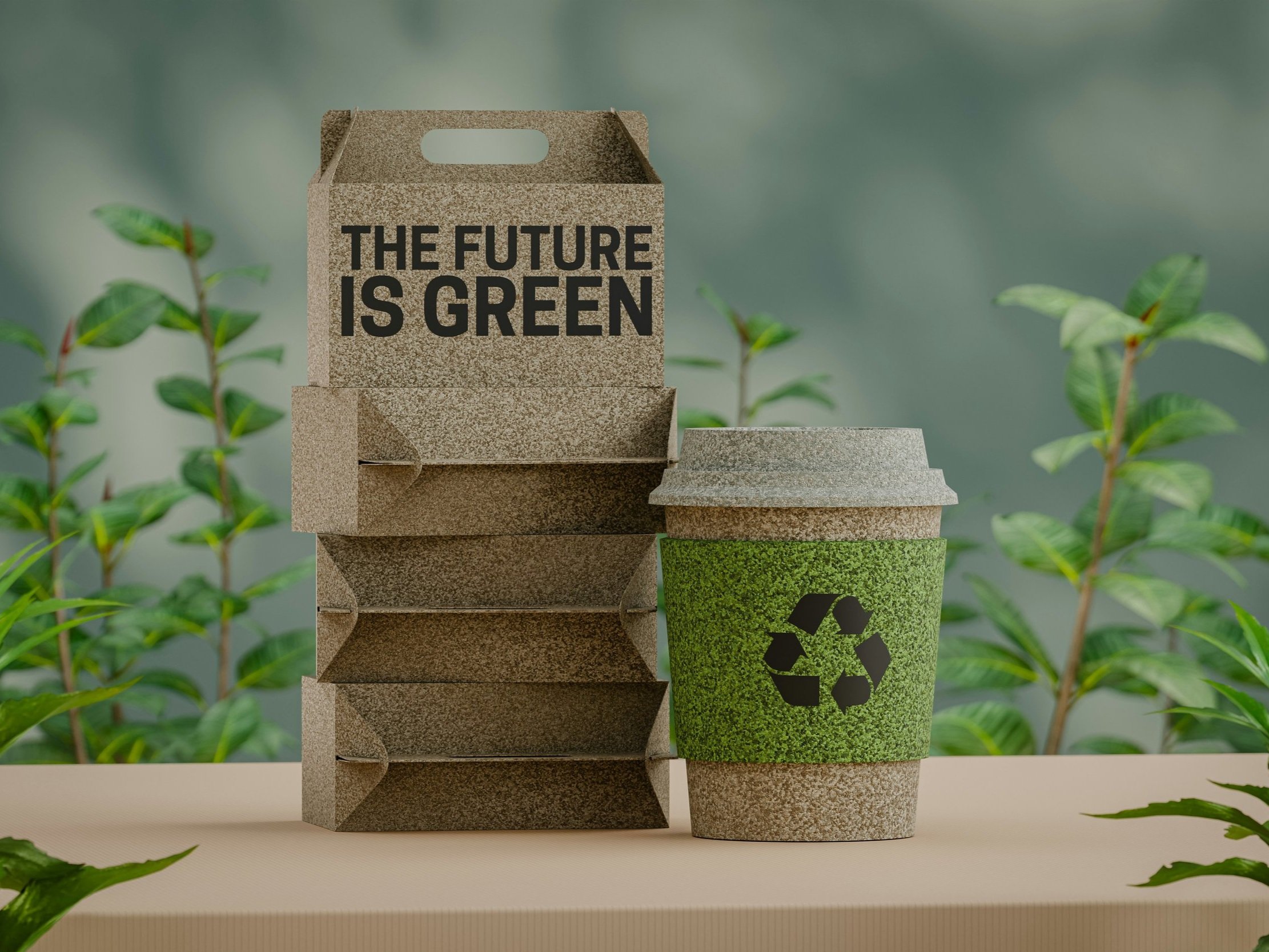 Recyclable coffee cup and eco-friendly cardboard packaging with green messaging, symbolizing sustainable branding and potential greenwashing.