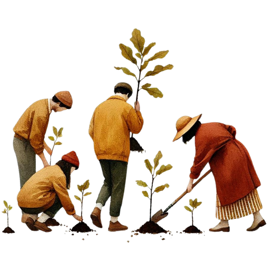 Artwork of a group of people working together to plant a tree, representing tree planting as part of team-building activities and gifting initiatives.