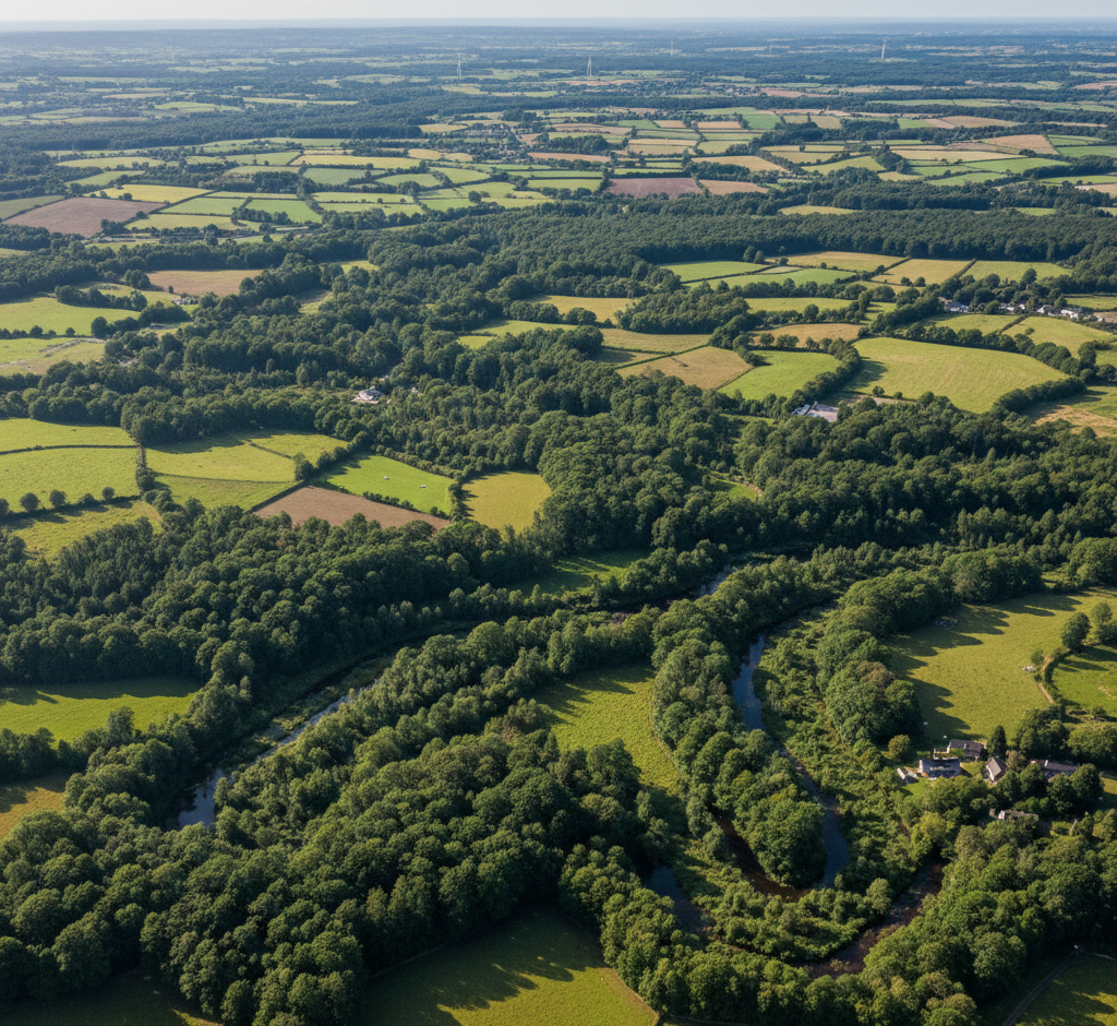 Aerial view of Irish farmland interwoven with native woodland corridors and riparian forest along a winding river, representing 10% increased woodland cover.