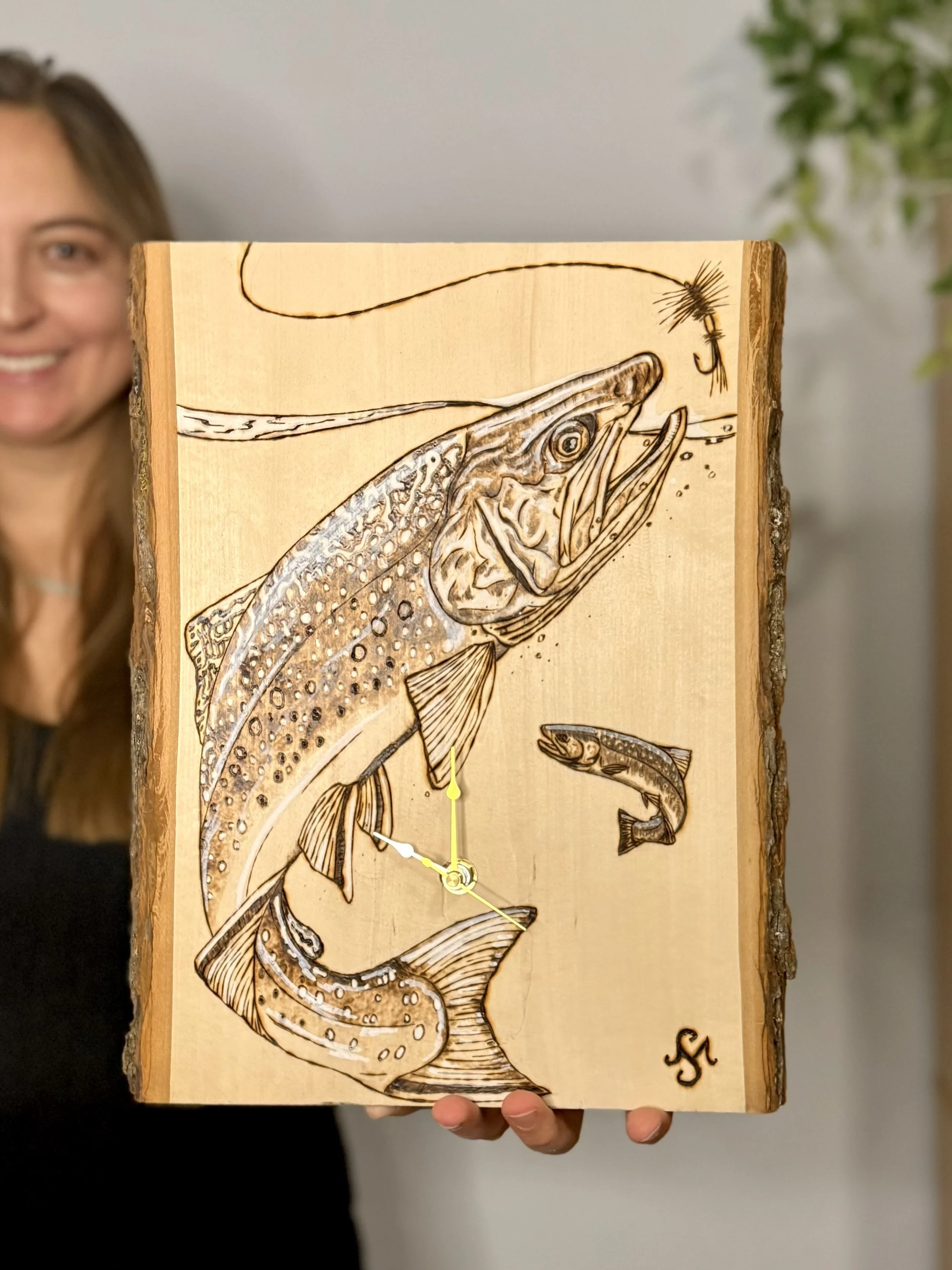 Wood burned Brook Trout Clock