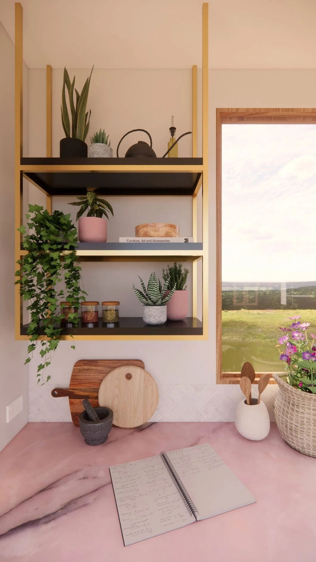 Modern Kitchen Pink Marble Brass Styled Shelves.jpg