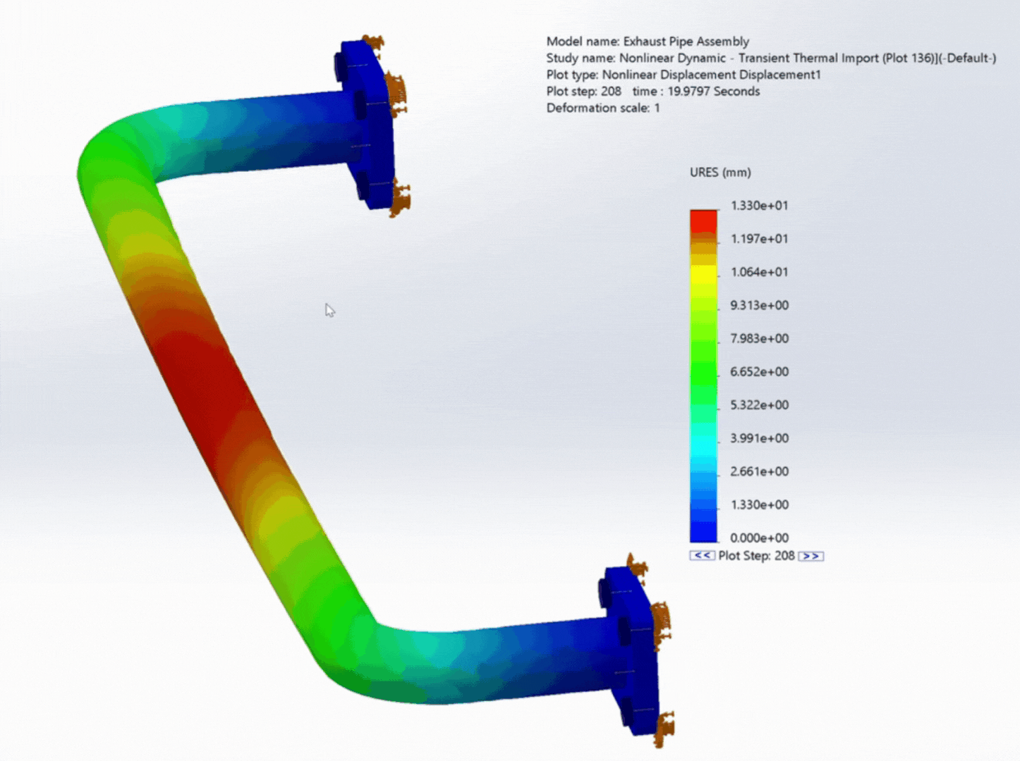 Animated visualization of the exhaust pipe assembly's resultant displacement during a combined thermal-mechanical nonlinear dynamic thermal transient analysis, with varying intensities from blue (low displacement) to red (high displacement).