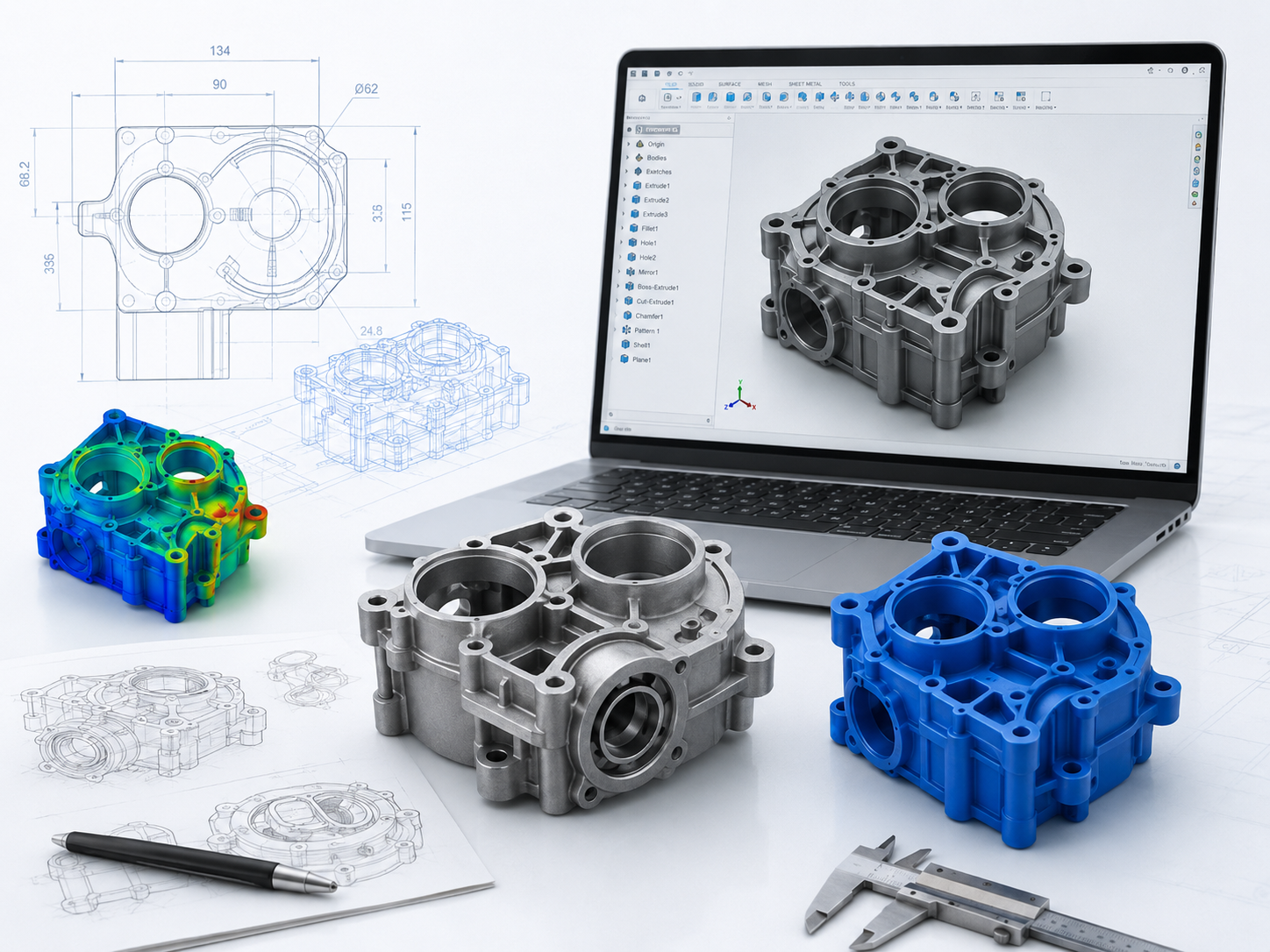 Product development hero image showing CAD modeling, prototype parts, engineering drawings, FEA simulation, and design tools