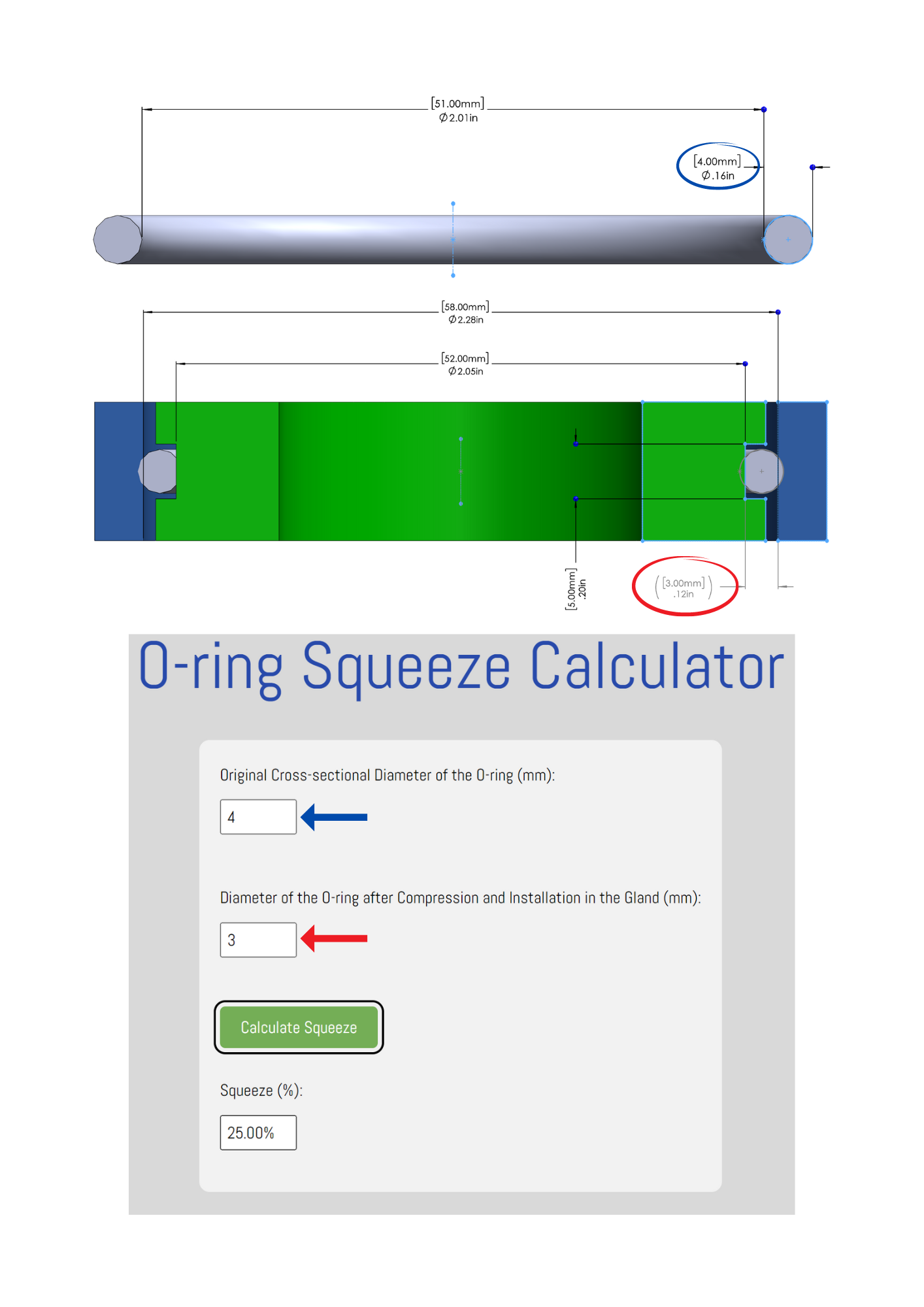O ring Squeeze Calculator Example Image