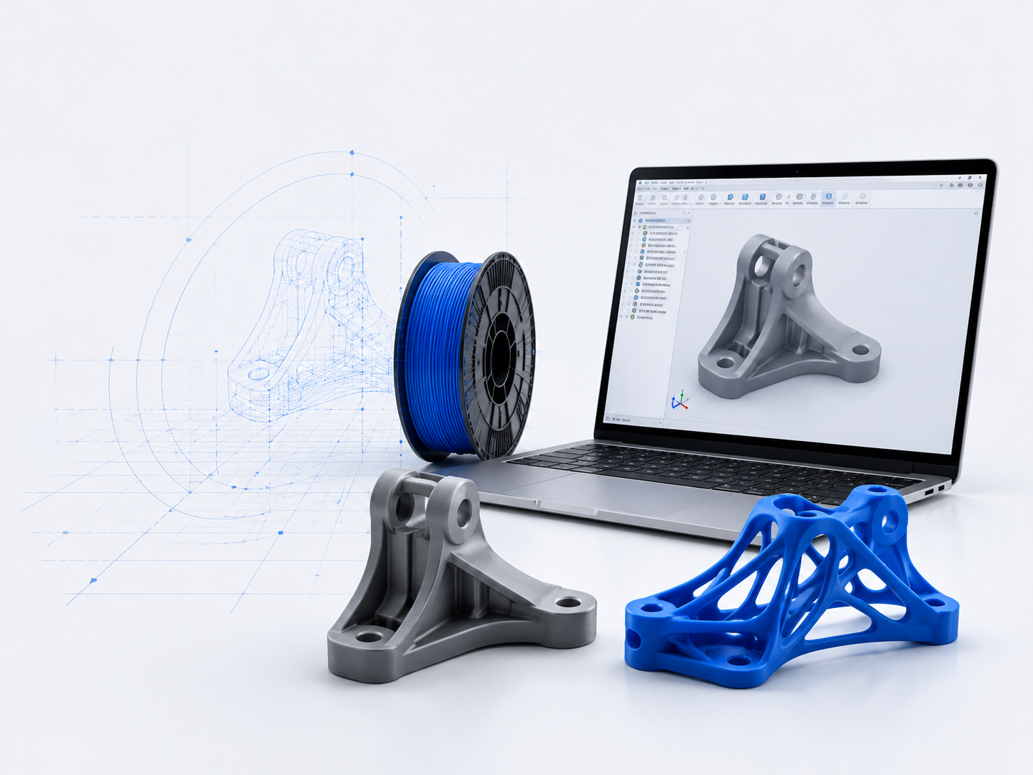 3D printing quote hero image showing a CAD model, filament spool, and prototype parts from CADify