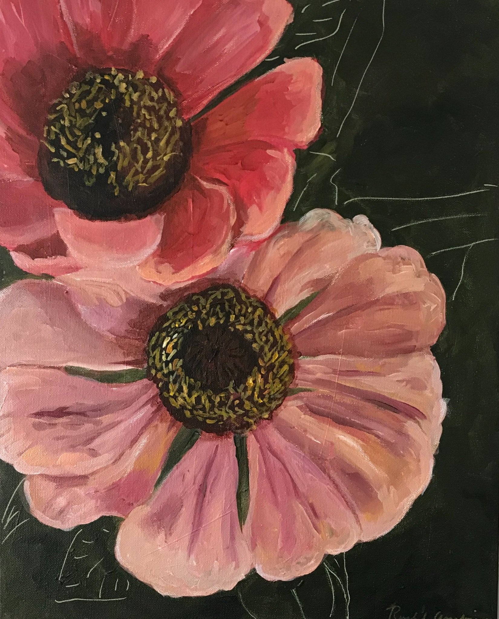 Zinnia Duo, mixed media on canvas, 18"x24", sold