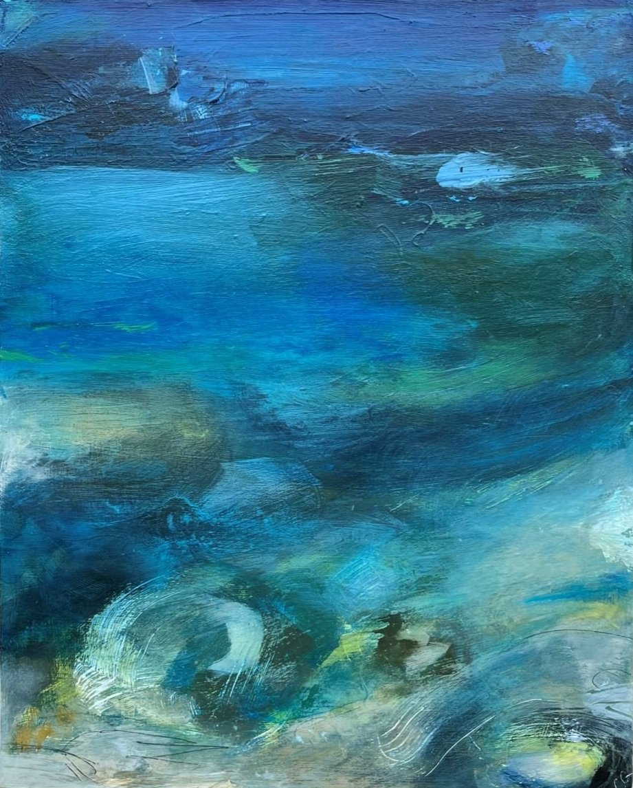 Swim to Me
44 x 54cm
Acrylic and mixed media on wooden panel
Whitewashed wooden frame
£495
