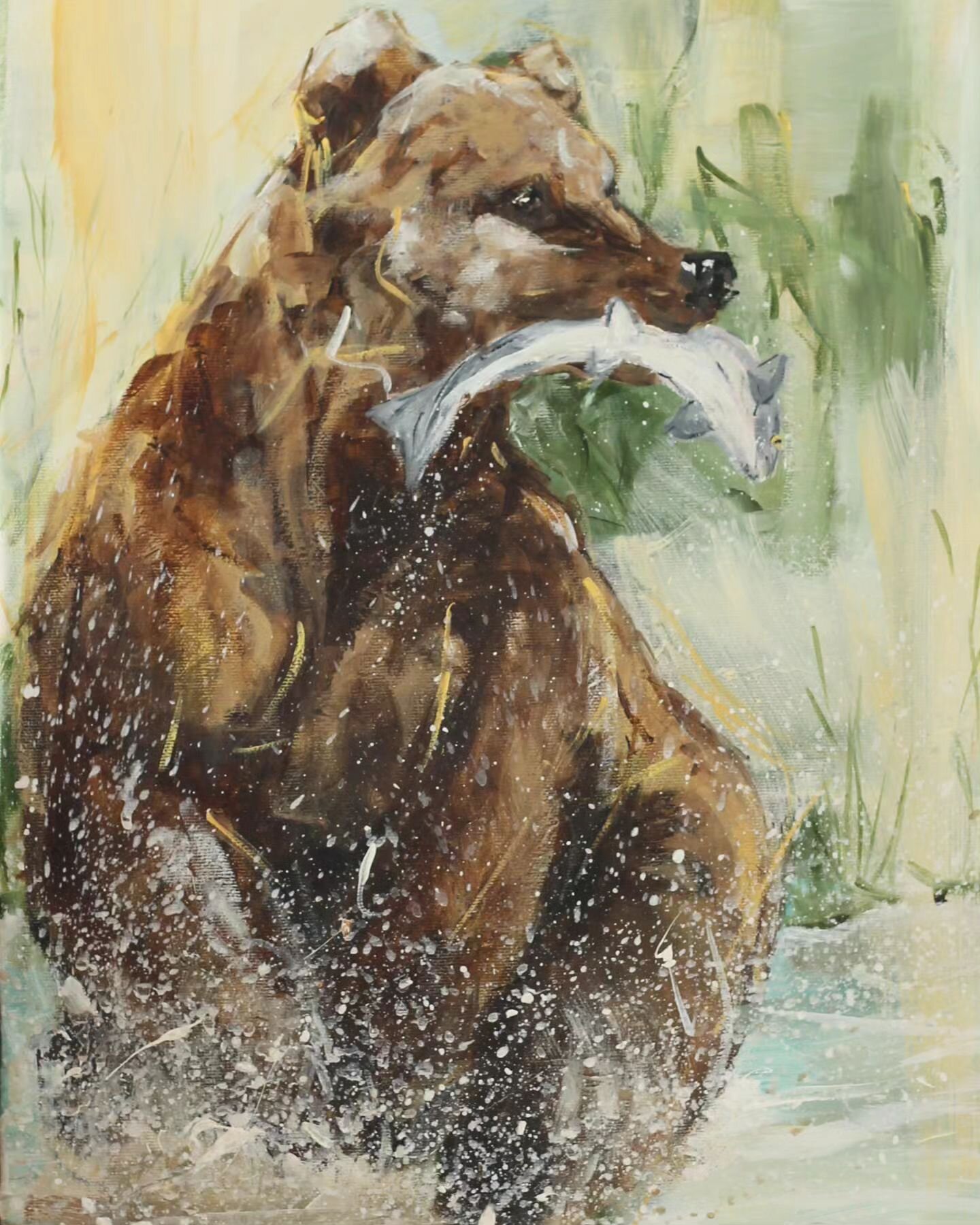 Find &quot;The Moment&quot; hanging over at @artgallerykimberley!! This was a fun one to paint, capturing the movement and energy in the bear 🐻 

#canadianartist #kootenayartist #kootenaylife #nelsonartist #wildlifeart #wildlifeartist #bearpainting 