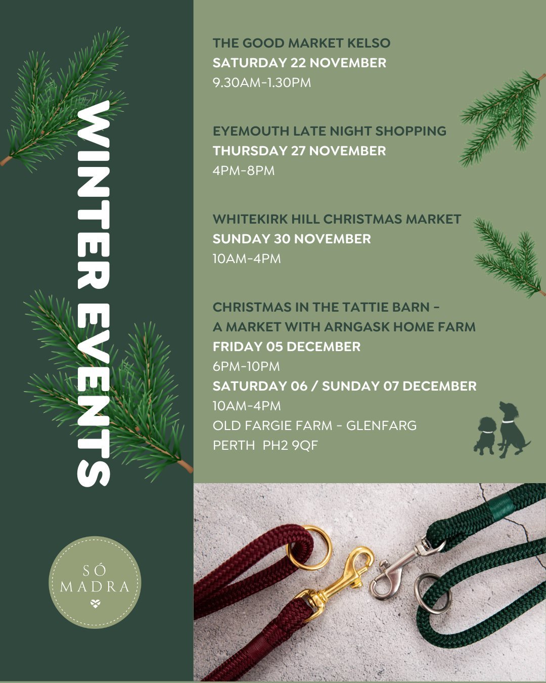 ✨ Warm up your winter with S&oacute; Madra ✨

We&rsquo;ll be out and about at some lovely winter markets over the next couple of months! 
Come and say hi and browse our handcrafted dog leads and collars, and special gifting ideas 🐾🐾

🎄Look forward