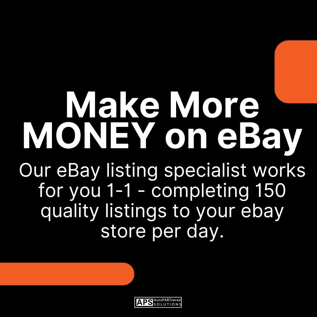INCREASE YOUR EBAY SALES

When you use our APS eBay Listing Service - you will make more money on eBay.

We deploy a full-time listing specialist to work on your business that we train, QC and manage to do the listings and report to you with their pe