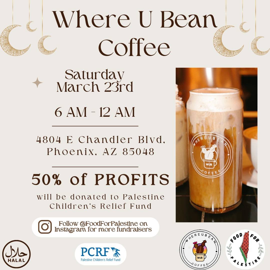  This SATURDAY🌙🤍 Where U Bean Coffee will be extending their hours and donating 50% of PROFITS to PCRF. Come support and stop by for your post taraweeh/pre qiyam coffee!☕️&nbsp;  Follow our instagram for future fundraisers🍉❤️   http://qrco.de/food