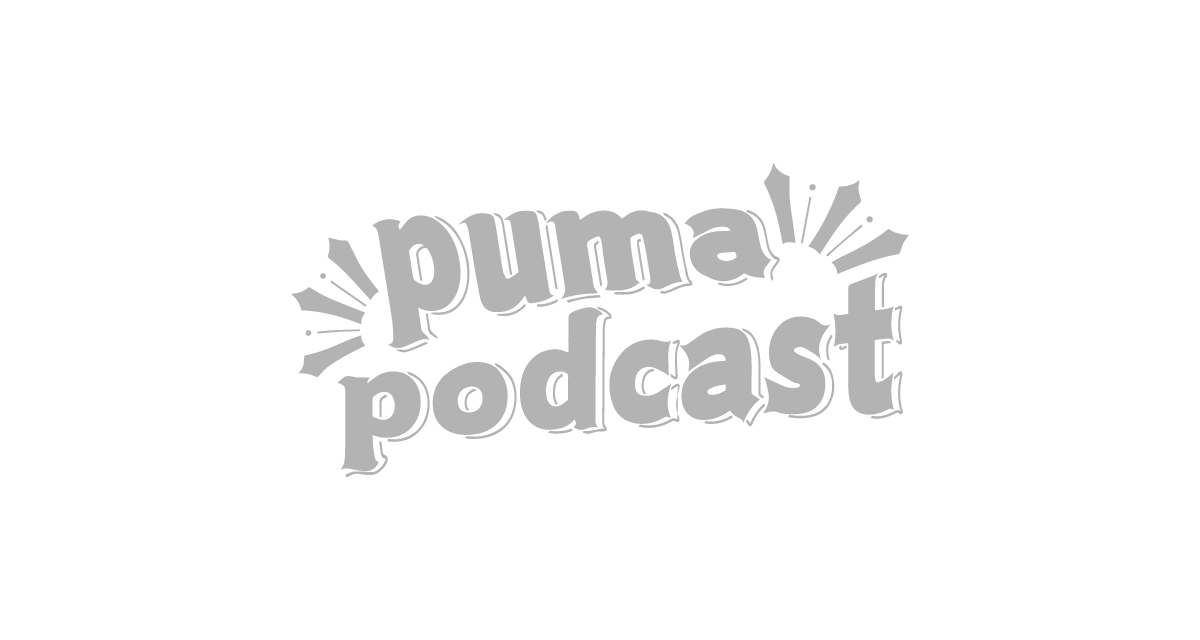 "Puma Podcast" logo with dynamic font and radiating lines.