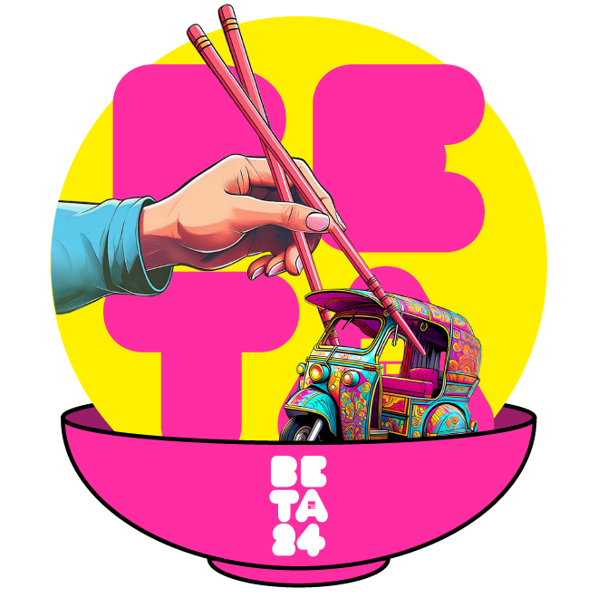 The Splice Beta 2024 logo: a hand holding pink chopsticks picking a gaudily-coloured tuktuk out of a bright pink bowl against a yellow circle background