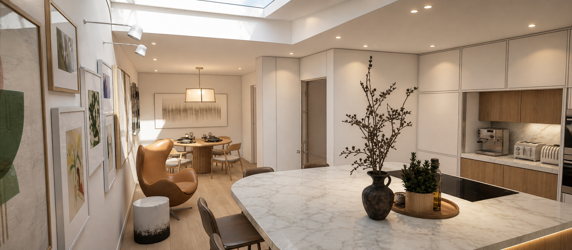 Modern kitchen with white walls, marble countertops, and artwork on the walls. Features a large marble island with decorative vases and plants, a round dining table with chairs, and a kitchen area with appliances including a coffee machine and toaste