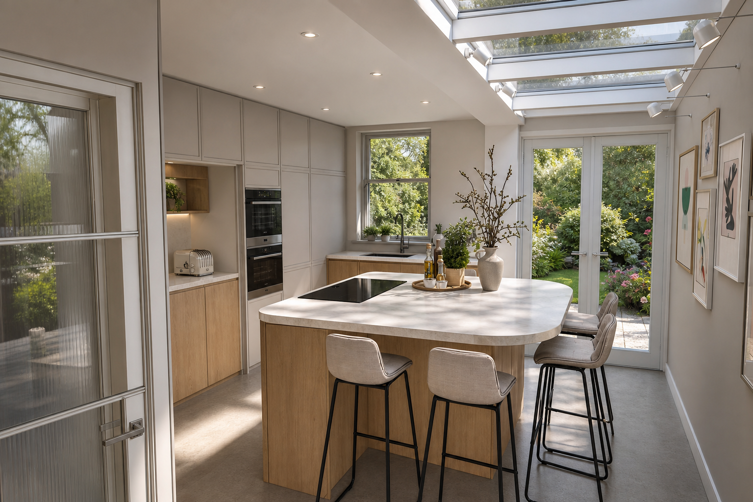 Modern kitchen with white cabinetry, a central island with a light wood base and a white countertop, barstools, and large windows and a glass door leading to a garden with flowers and trees.