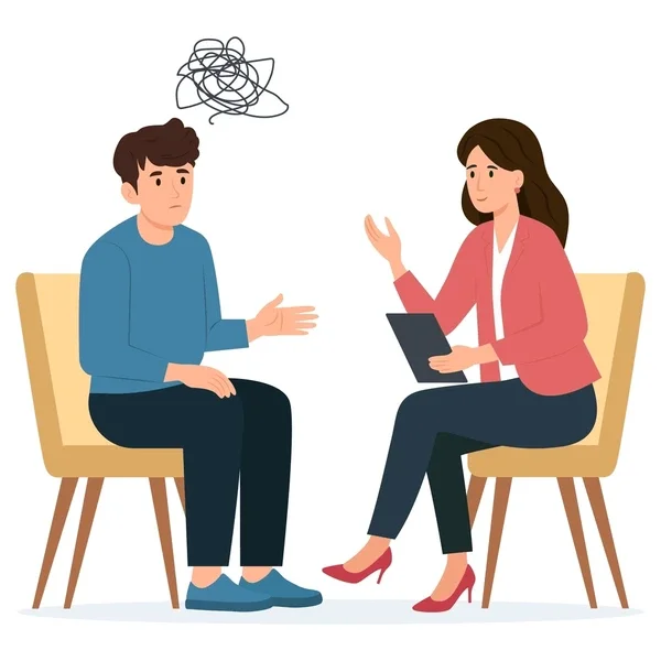 Une femme et un homme en séance de thérapie ou de counseling, avec un nuage de ligne en spirale au-dessus de la tête de l'homme, représentant la confusion ou la détresse mentale.