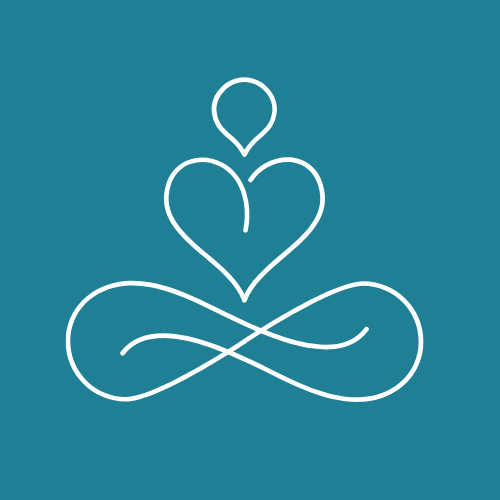 Icône d'une personne assise en position de méditation avec un cœur et une goutte au-dessus, dessinée en lignes blanches sur fond bleu