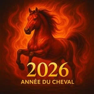 Illustration d'un cheval rouge avec de la fumée et des flammes en arrière-plan, avec le texte '2026 Année du Cheval'