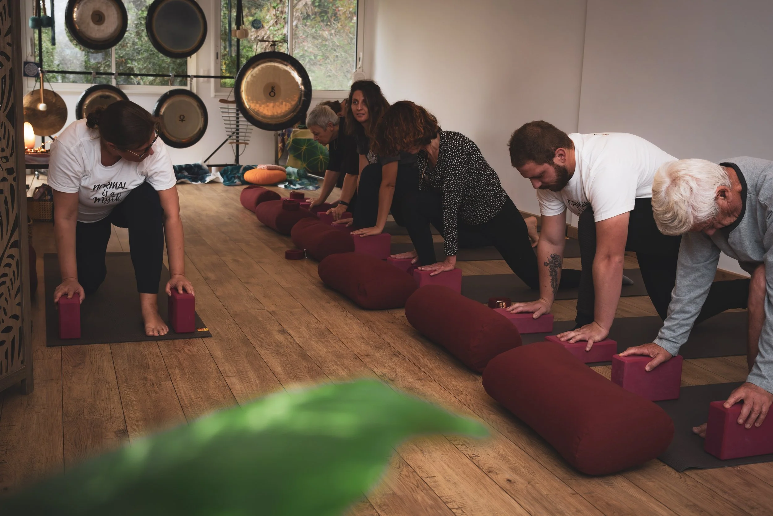 Groupe de personnes en cours de yoga, en position de planche, utilisant des blocs de yoga dans une salle lumineuse avec des coussins au fond.