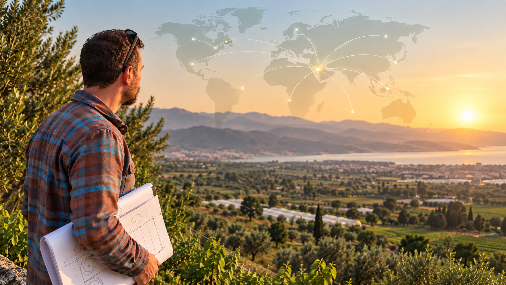 A man standing outdoors holding a rolled-up blueprint while looking at a panoramic landscape with mountains, water, and a small town at sunset. A semi-transparent world map with connected points overlays the sky.