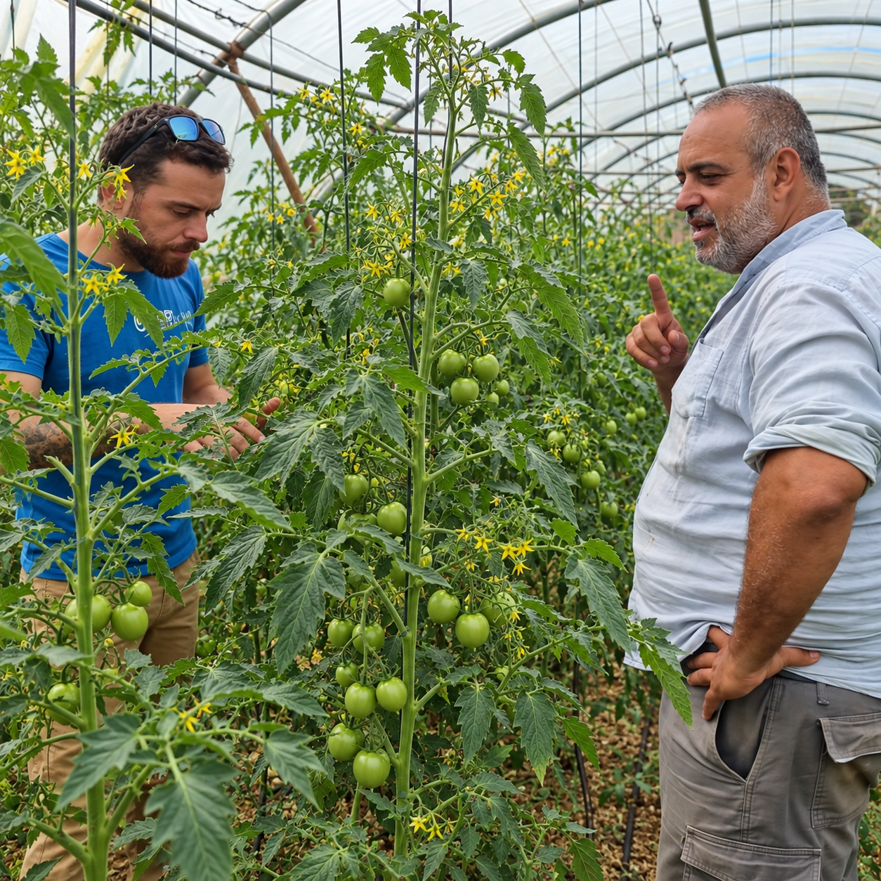 Two men are inspecting tomato plants inside a greenhouse. The man on the left is wearing a blue T-shirt and sunglasses on his head, looking closely at the plant. The man on the right, wearing a light gray shirt, is gesturing with his index finger while talking, with the tomato plants and yellow flowers visible around them.