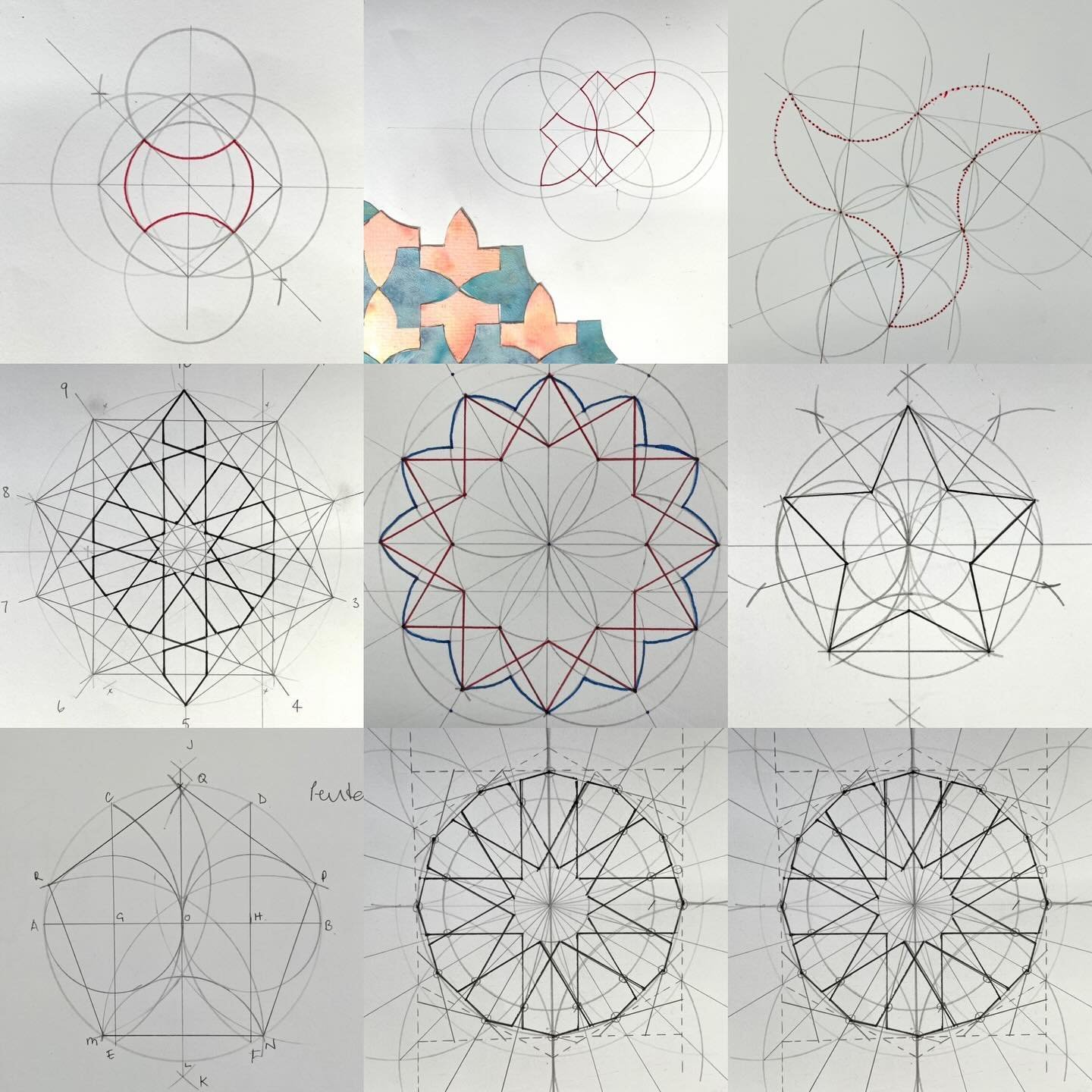 First step on my journey is going back to my schooldays and learning geometry! I have been spending many a happy hour with a pencil, pair of compasses and a ruler. I like all the lines and circles crisscrossing, they make attractive patterns in thems