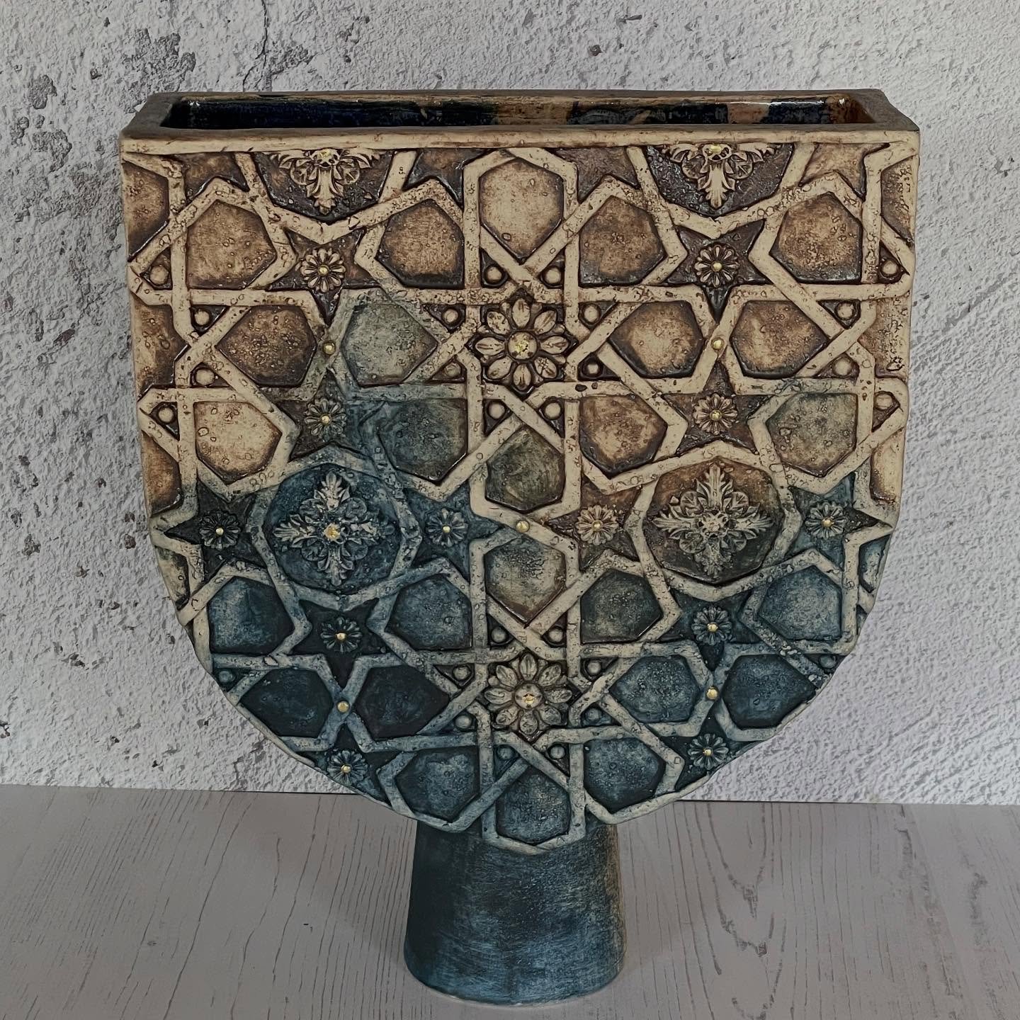 New Work. A slab built vase with geometric pattern. Inspiration for this body of work comes from observation of ornamental details, architectural heritage and the effects of erosion.
I hope that you enjoy looking as much as I enjoyed making it.
.
.
.