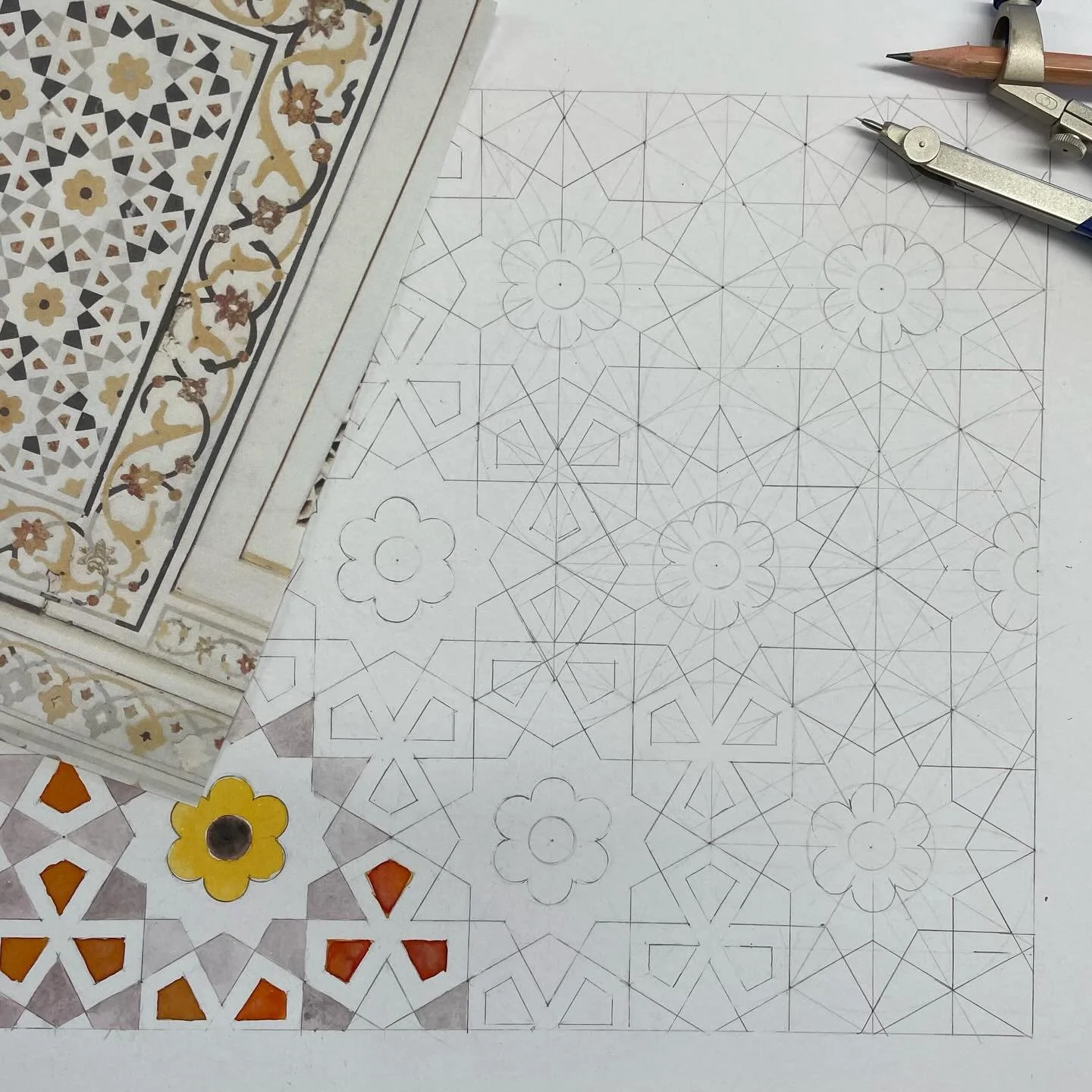 And so it begins. A new body of work based on my trip to India. I don&rsquo;t know where it will go but my starting point, as ever, is to look at the source material. In order to understand the patterns I have to recreate them on paper.
This particul