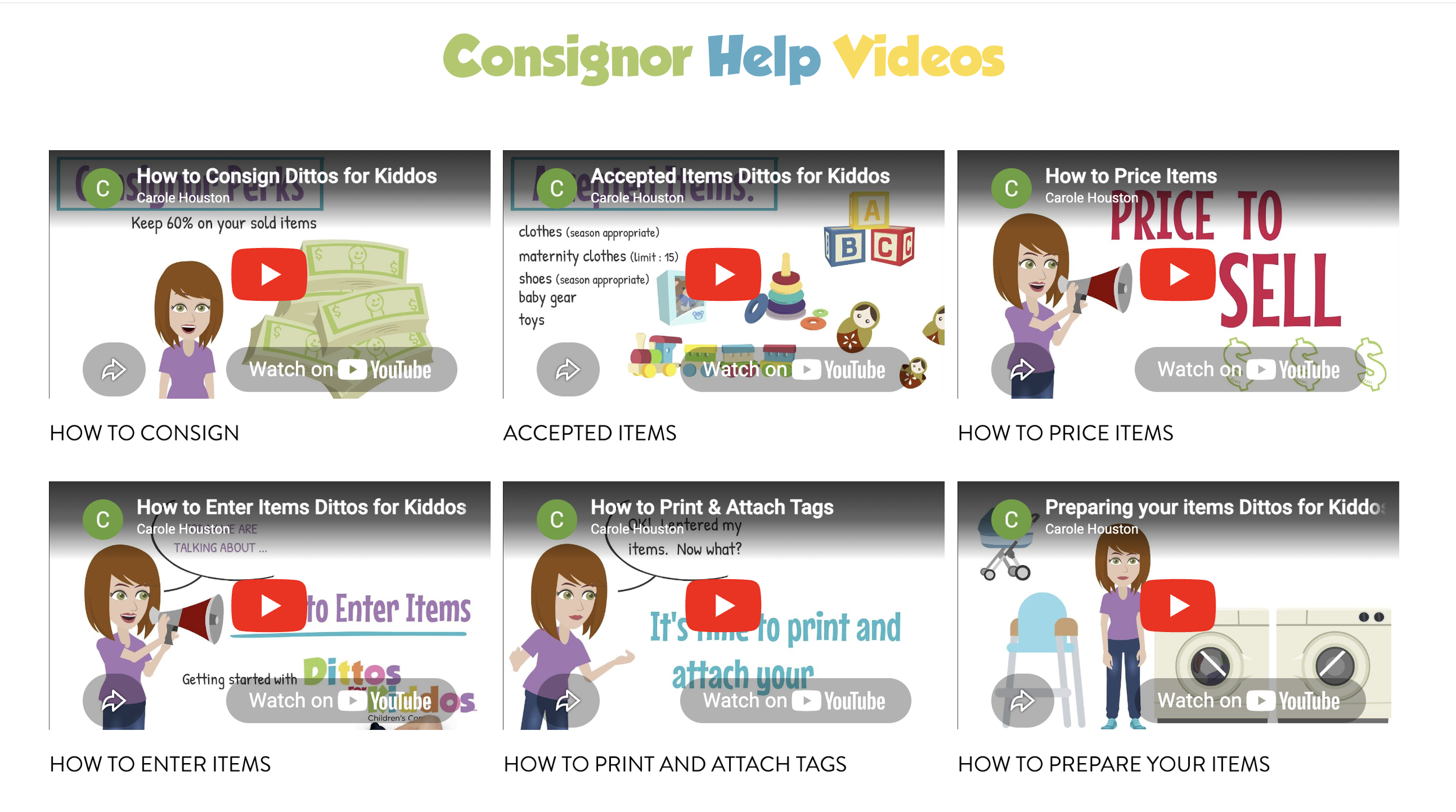 Collection of educational videos on how to manage children's clothing sales and donations, including topics like consigning items, accepted items, pricing, entering items, printing and attaching tags, and preparing items for sale.