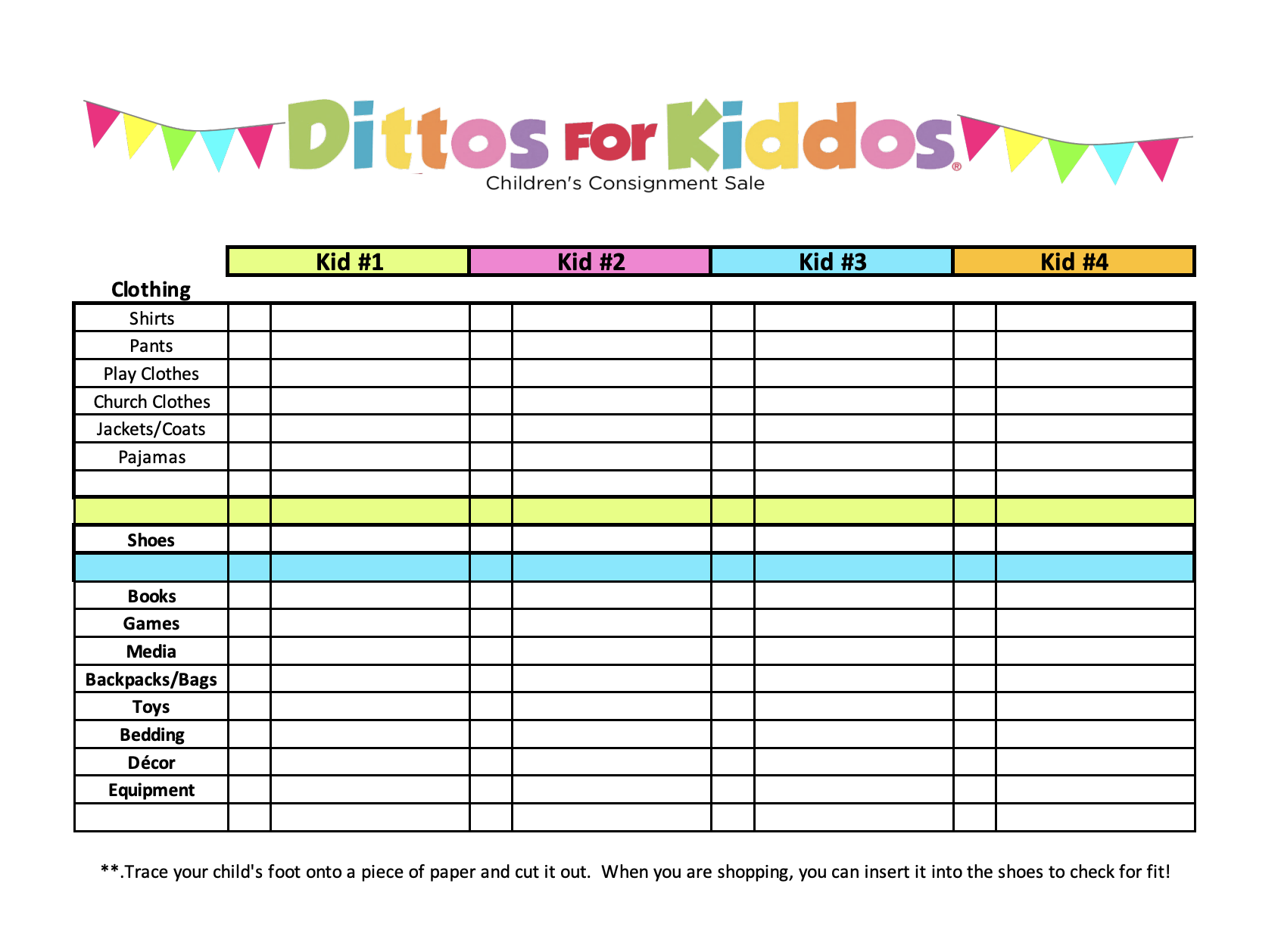 Children's donation and consignment sale chart with categories for clothing, shoes, books, games, media, backpacks, toys, bedding, décor, and equipment, organized by four different kids.