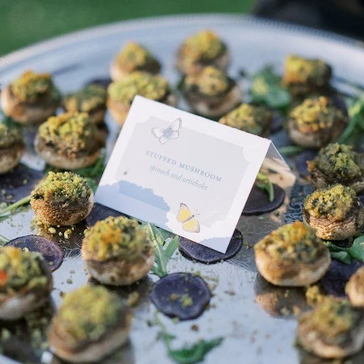 We absolutely love the umami flavor-punch stuffed mushrooms pack.

Cakes + Desserts | @flowerchildchs 
Catering + Bar | @@harvest_inn atering
Ceremony Musicians | Palmetto Strings 
Cocktail Hour Musicians | @thegreenlevels 
Draping | @lit_charleston 