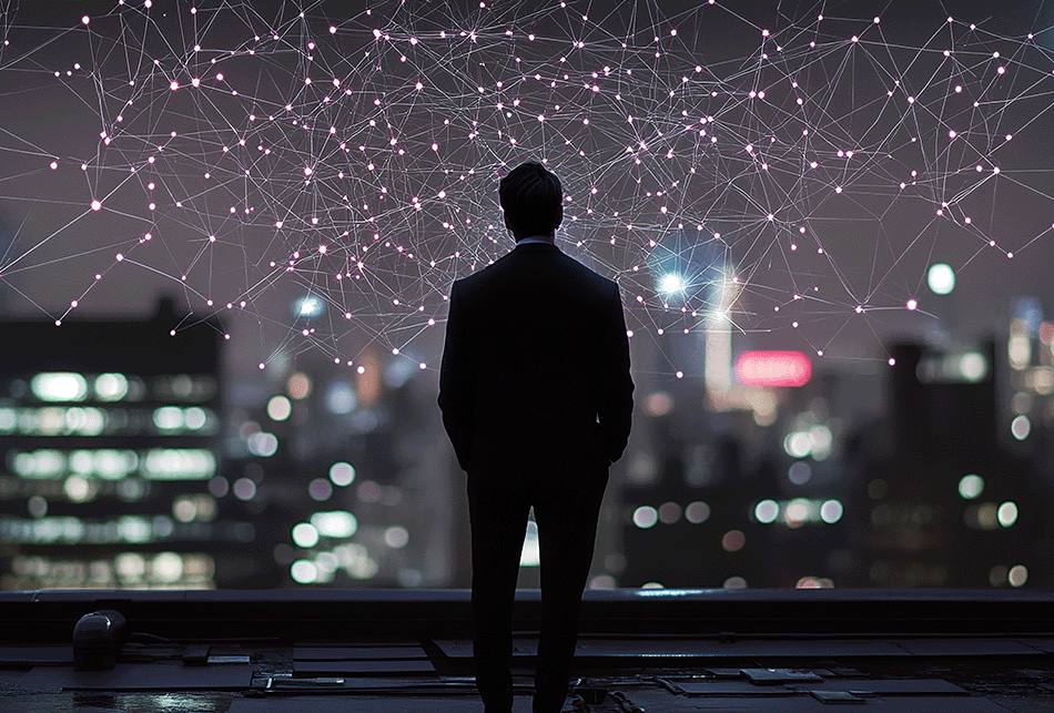 man looking out at city skyline with a network of lines and dots in the sky