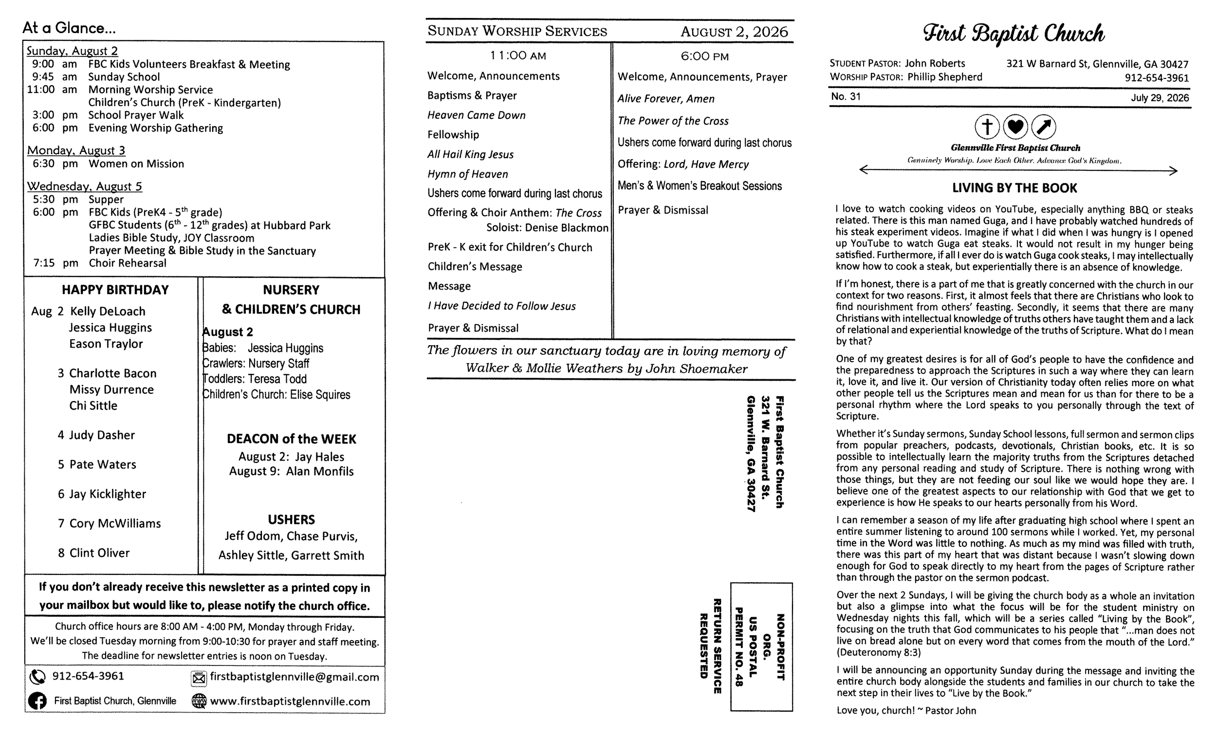 FBC Glennville newsletter pg 1: 7-29-26