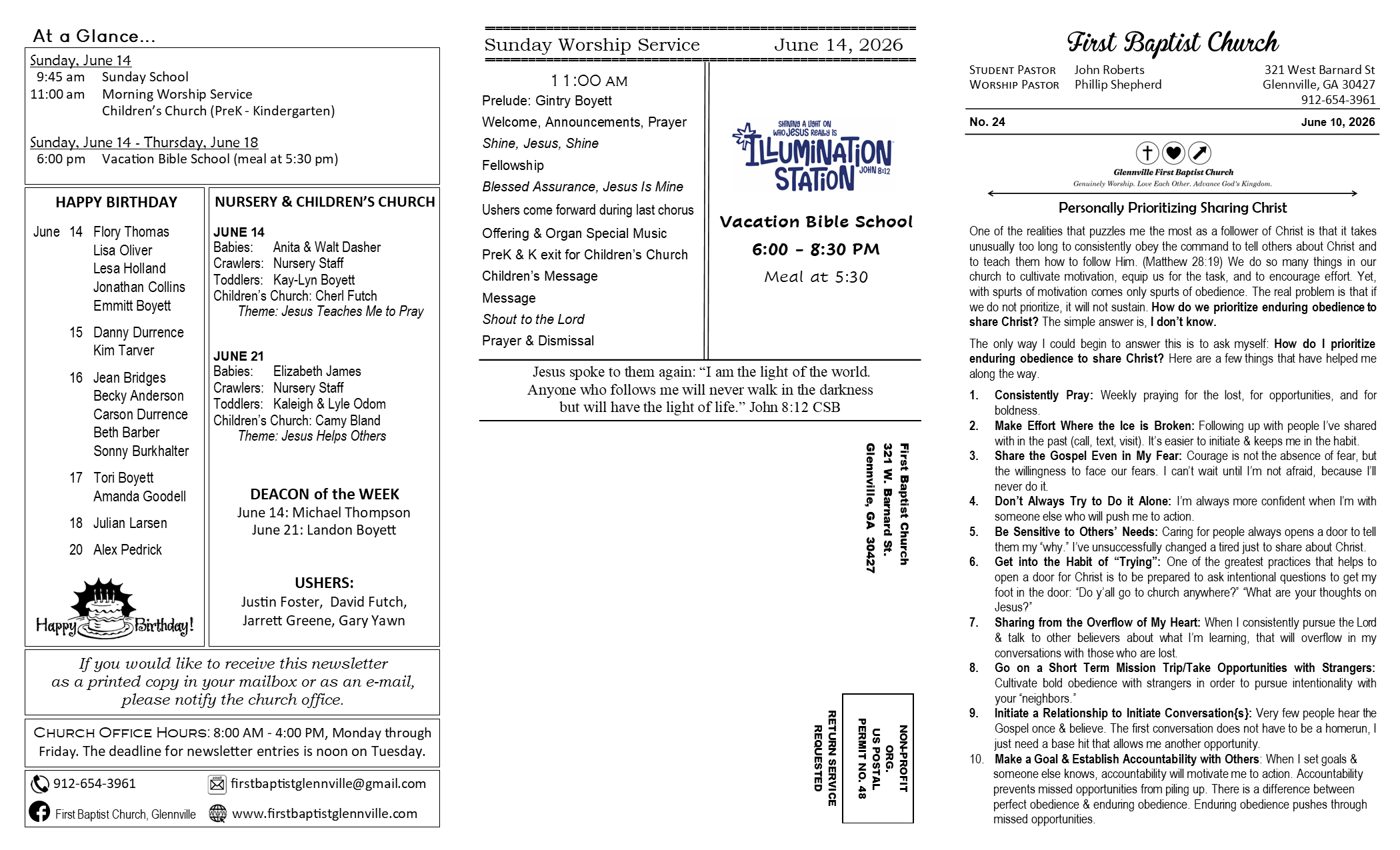 FBC Glennville newsletter pg 1: 6-10-26