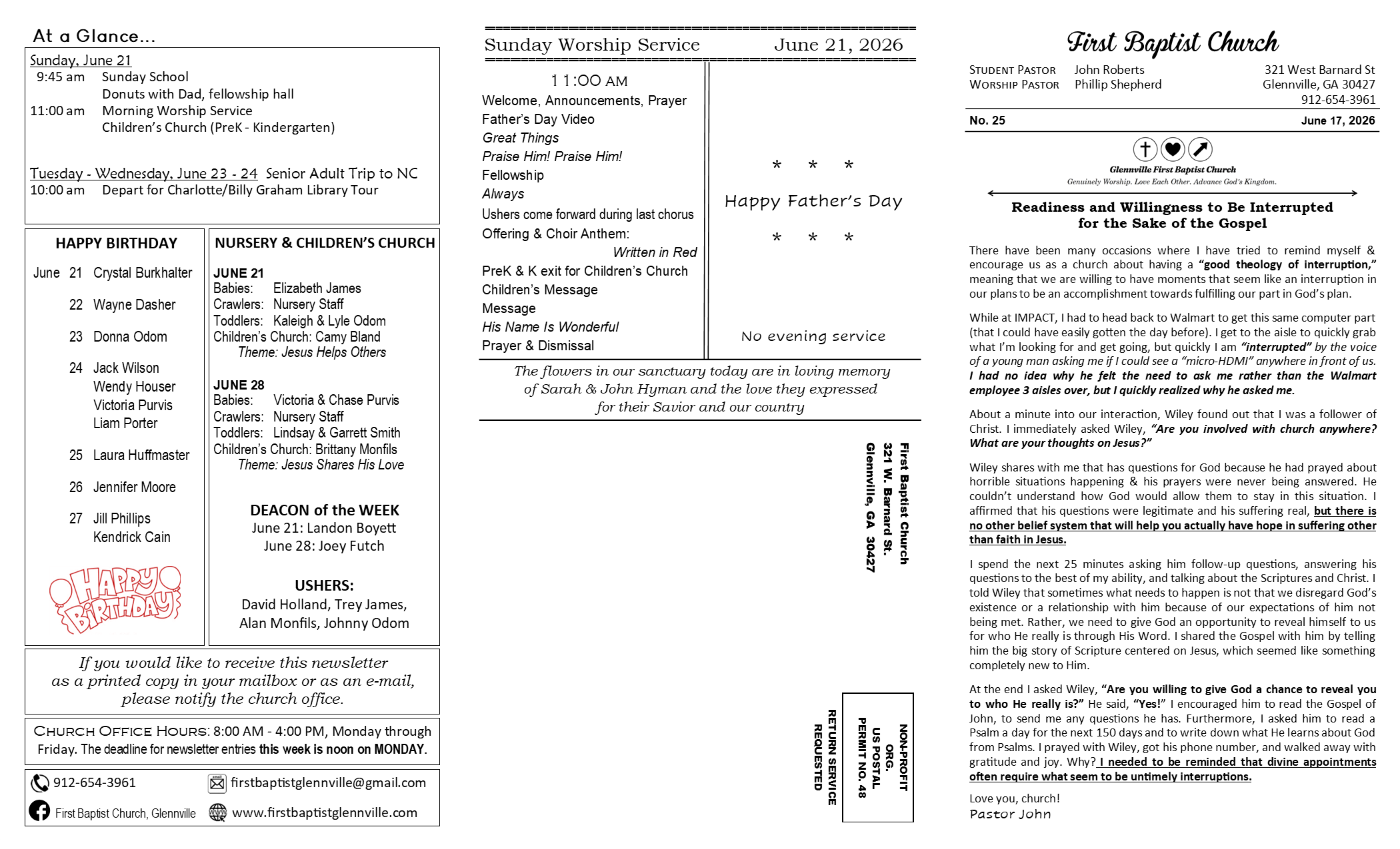FBC Glennville newsletter pg 1: 6-17-26