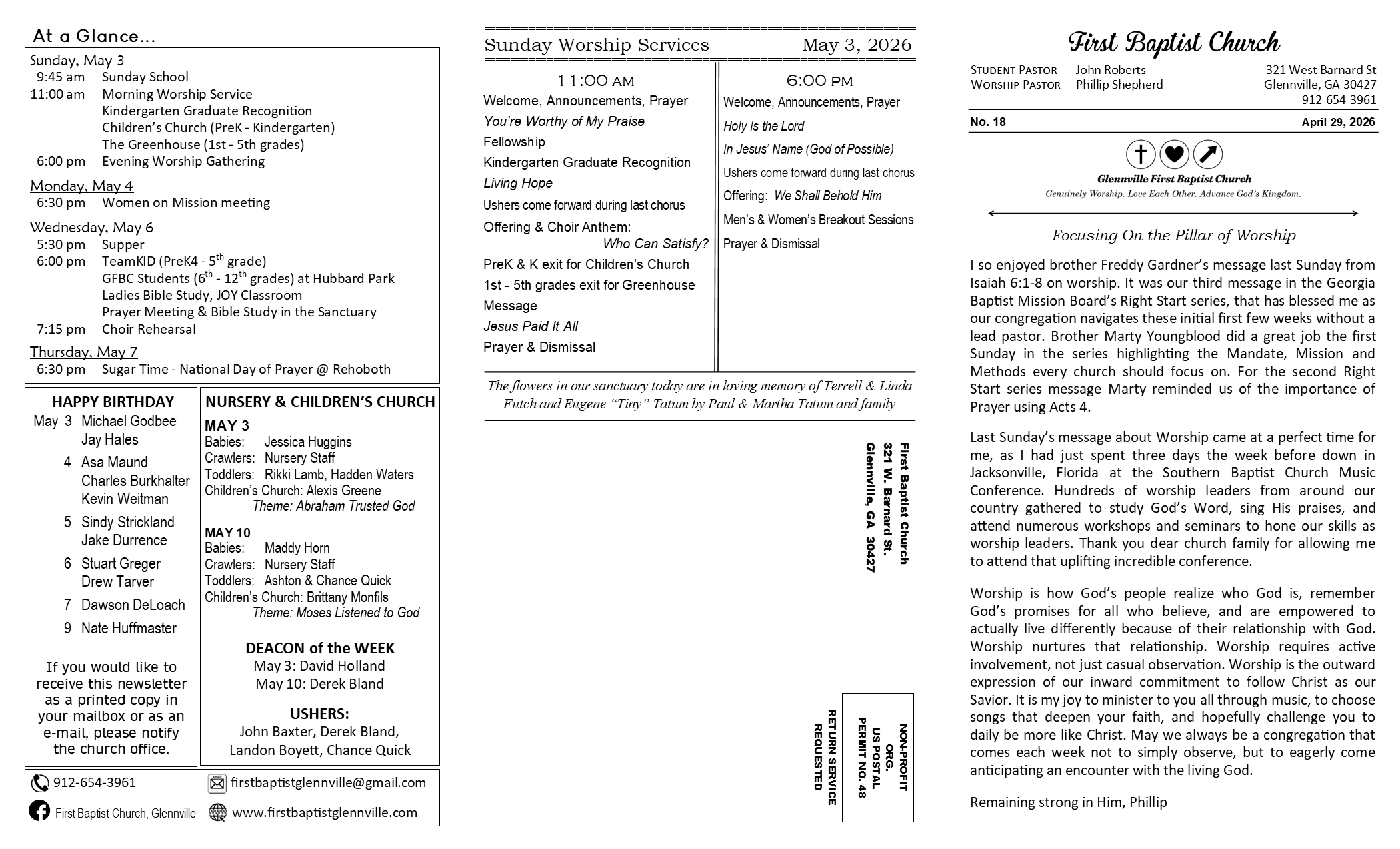 FBC Glennville newsletter pg 1: 4-29-26