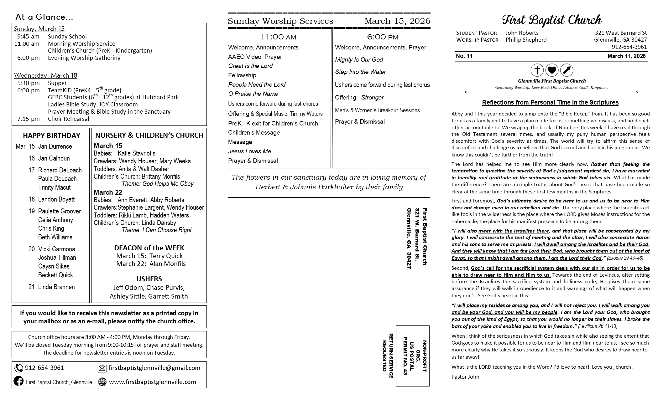 FBC Glennville Newsletter pg 1: 3-11-26