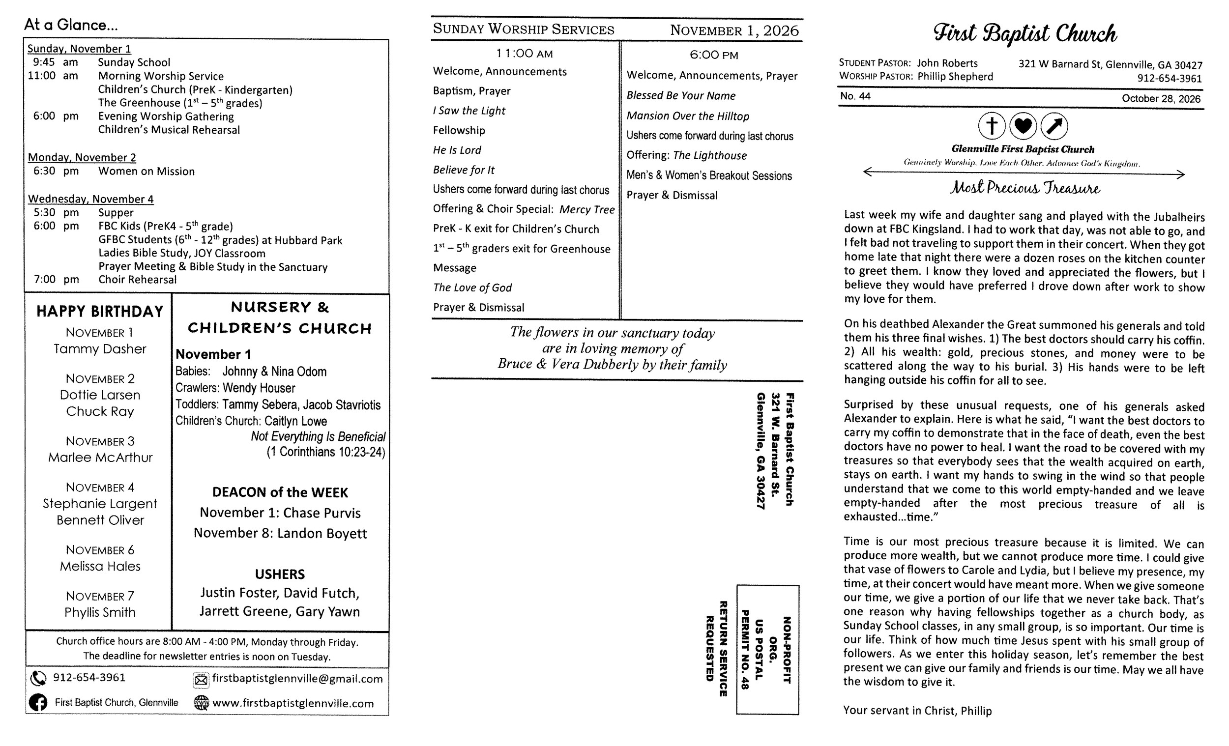 FBC Glennville newsletter pg 1: 10-28-26