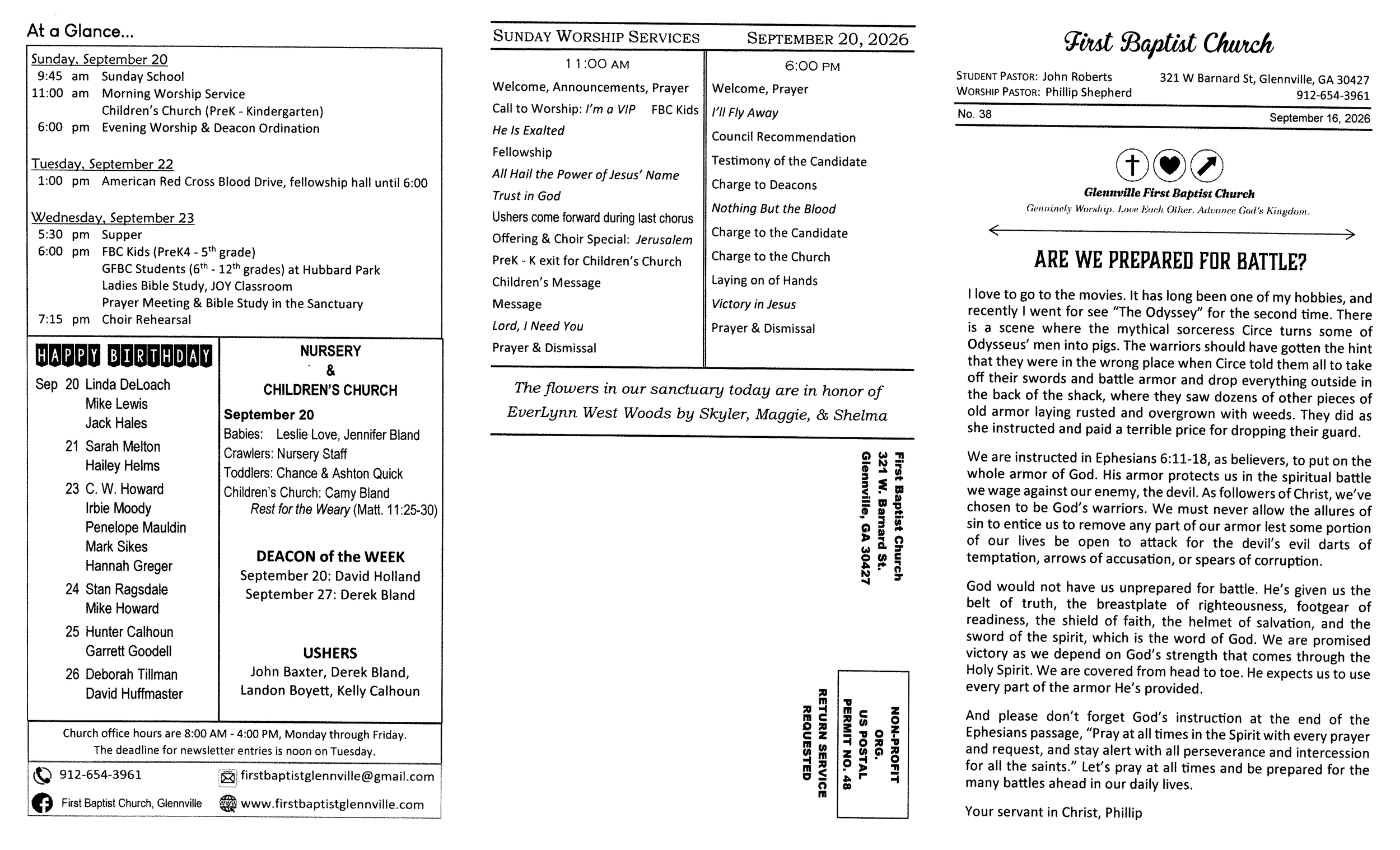 FBC Glennville Newsletter pg 1: 9-16-26