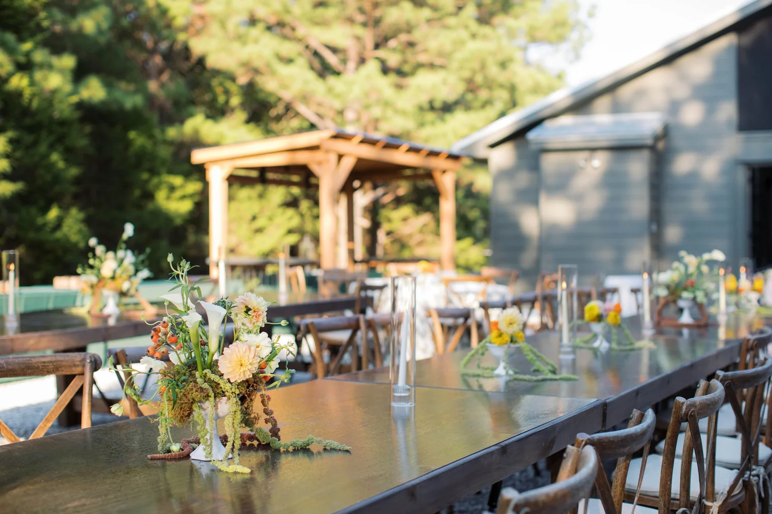 Close view of long wooden reception table set with small floral arrangements and wooden crossback chairs