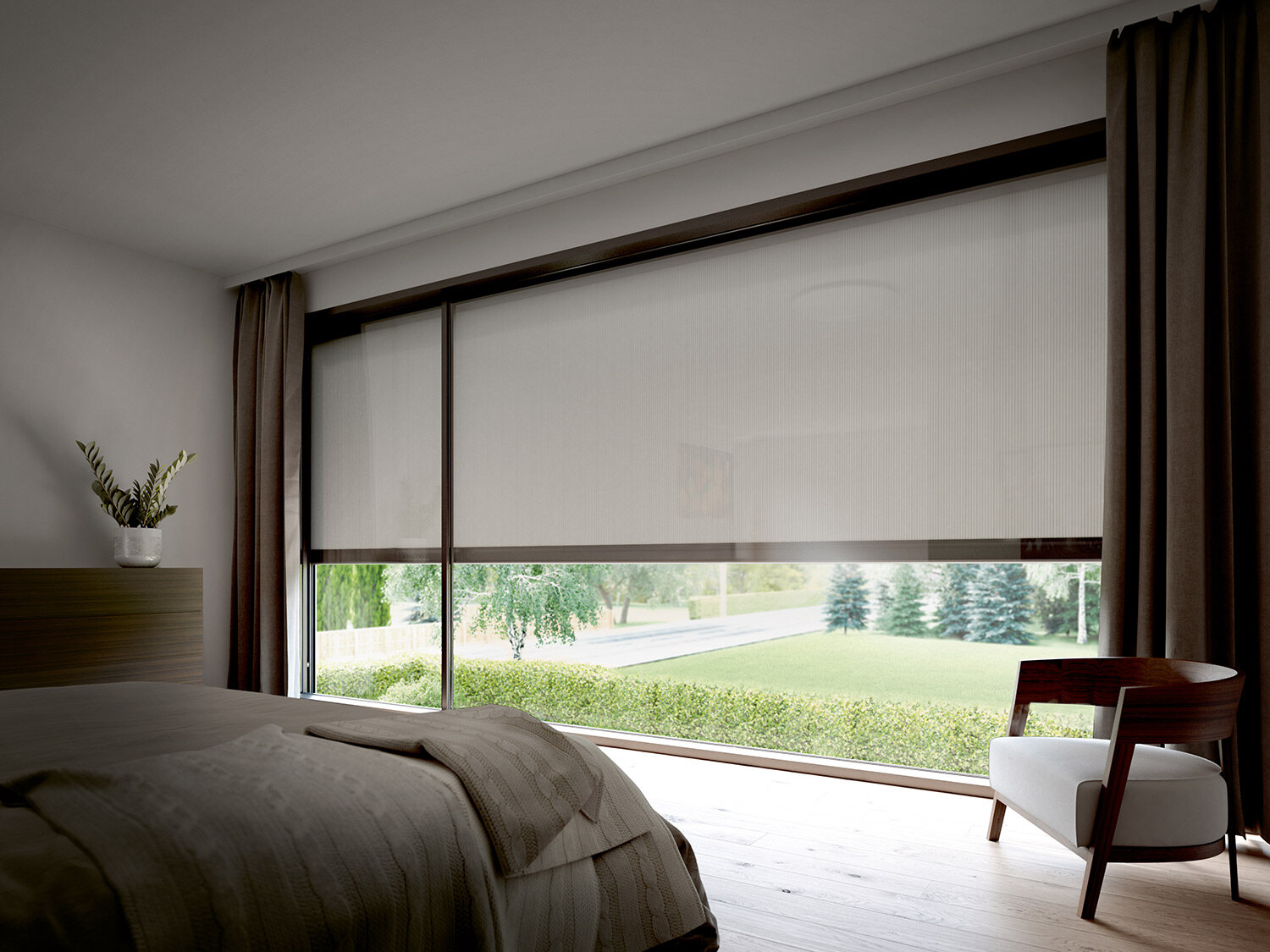 Motorised External Blinds Surrey. External blinds are ideal in situations of extreme solar gain as the blind stops the sunlight before it reaches the glass. Ideal for windows, doors and roof lights. 