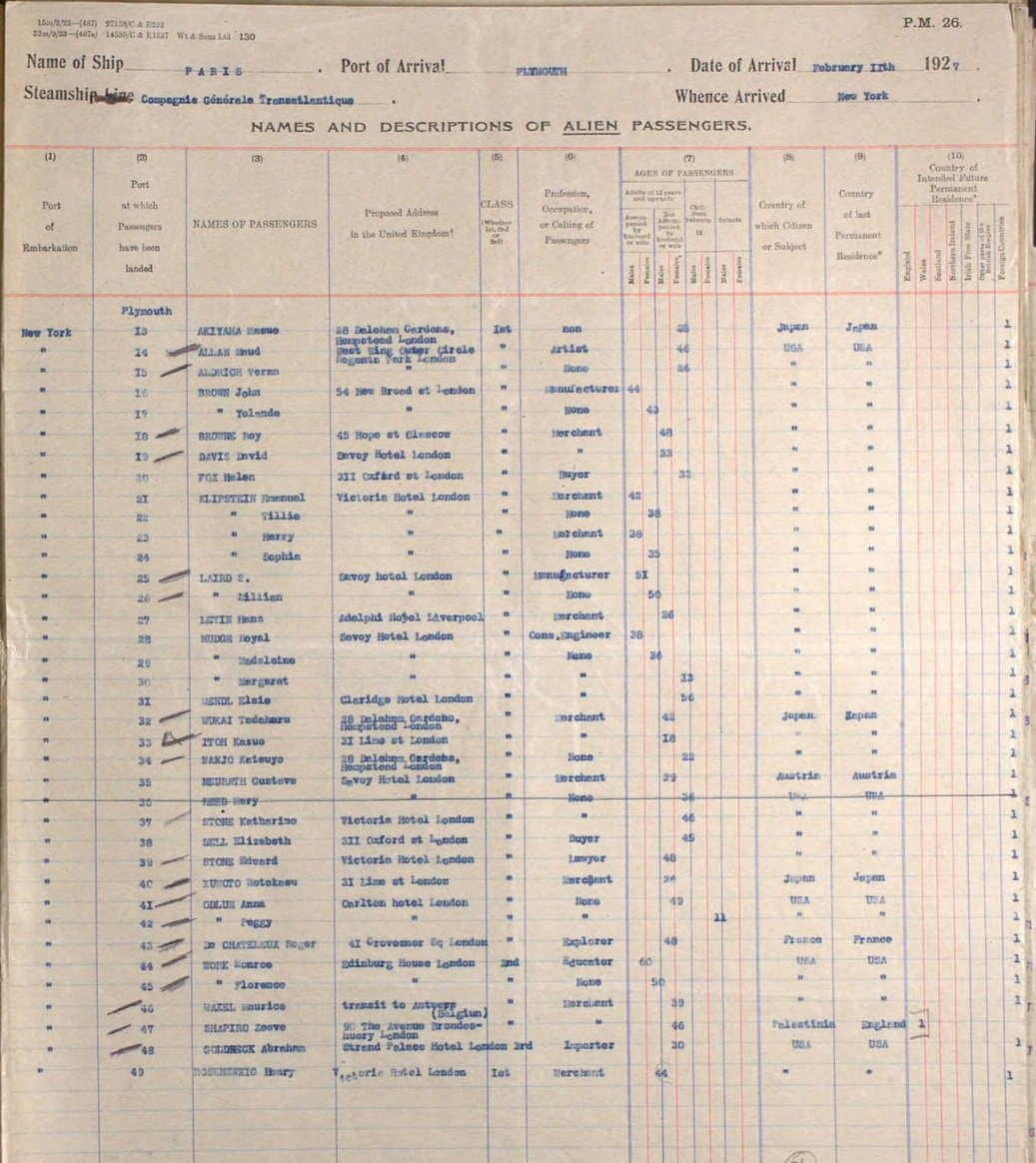  Ship manifest . Note Maud and her partner, Verna Aldrich (b. ca 1901) toward the top. 